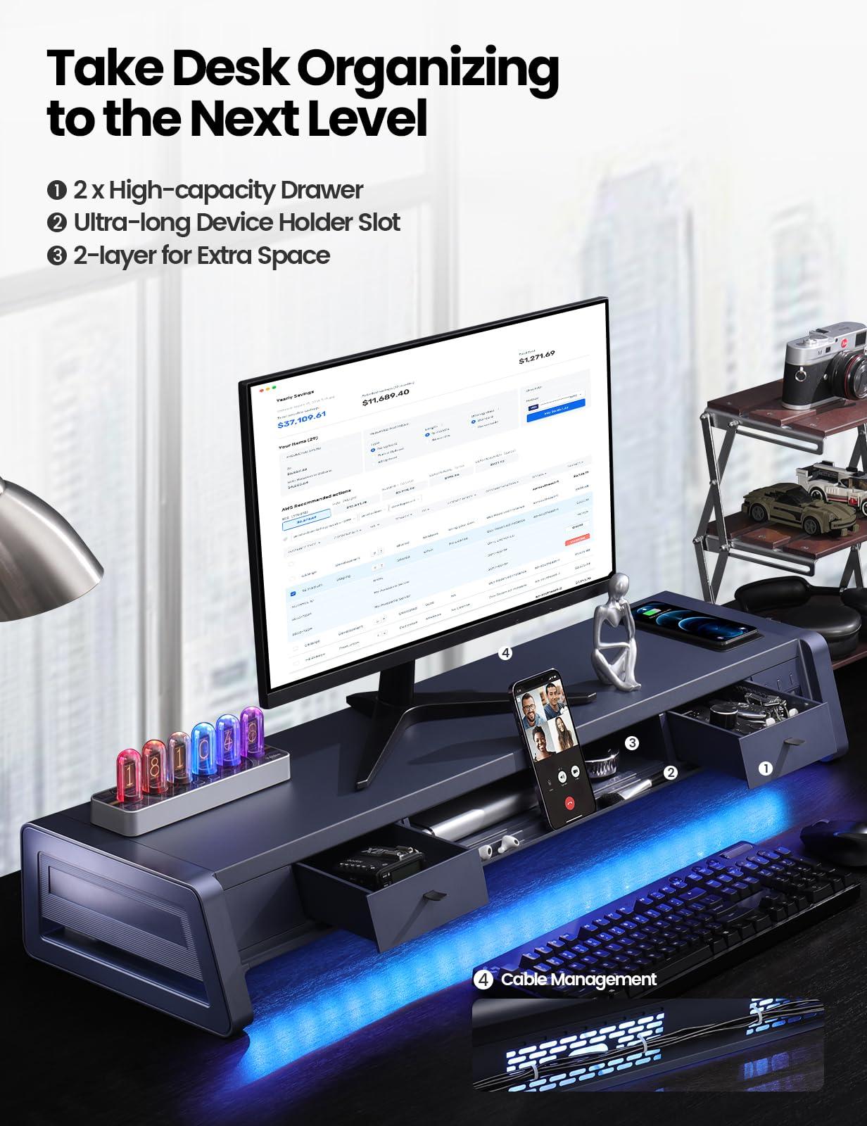 Vaydeer Vaydeer All-in-One Dual Monitor Stand Riser with 2 Drawers, 8USB Ports and Wireless Charging Pad with LED Light Strip for 2 Monitors , Desk Organizer for PC, iMac (Metal, 39.3 inches)