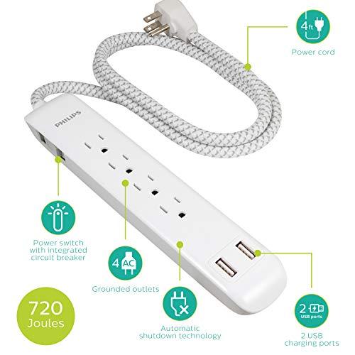 PHILIPS Philips 4 Outlet Power Strip Surge Protector with 2 USB Ports, 4 Ft Power Cord, Designer Braided Extension Cord, Flat Plug Extension Cord, 720 Joules, White, SPC6244WC/37