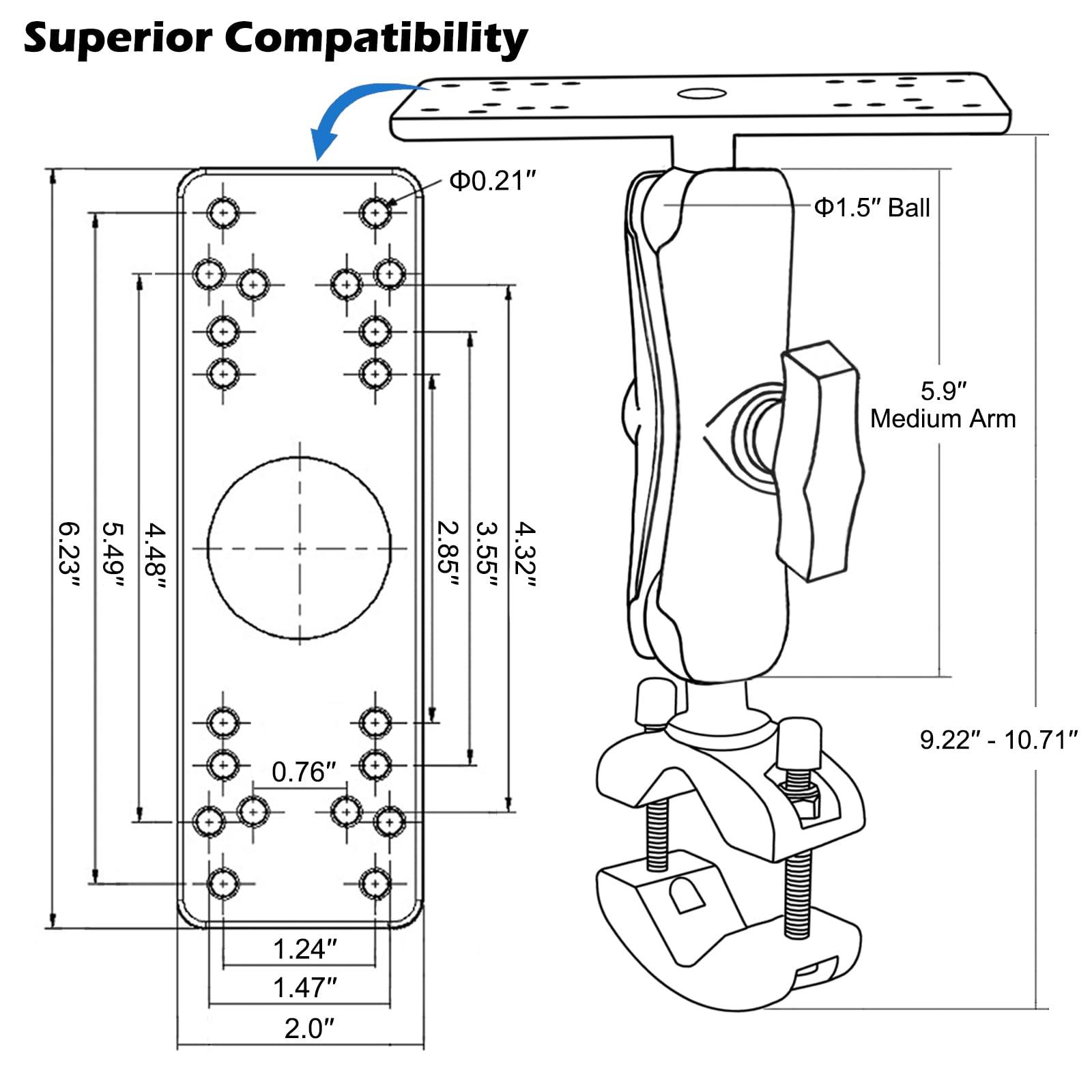 WINDFRD WINDFRD 1.5" Ball Aluminum Fish Finder Mount with Clamp Base for Rails 1.18'' to 2'' in Diameter, Medium Arm Marine Electronic/Depth Finder Mount for Boat, Compatible with Garmin, Lowrance and More