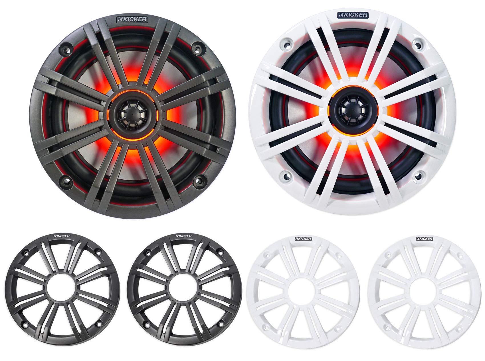 KICKER KICKER (2) 45KM654L 6.5" 390w Marine LED Speakers w/Charcoal with White Grilles KM65 Bundle with 2 Rockville MAC65B 6.5" Black Aluminum Wakeboard Tower Speaker Pod Enclosures