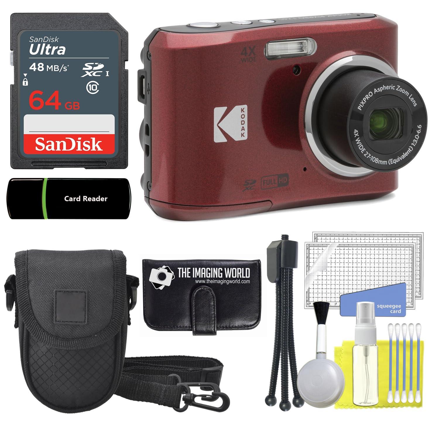 The Imaging World Kodak PIXPRO FZ45 16MP Digital Camera 4X Optical Zoom 27mm Wide Angle 1080P Full HD Video 2.7" LCD Camera (Red) + 64GB Card and Reader + Case + Memory Wallet + Tripod + Cleaning Bundle