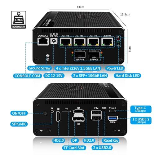Glovary Glovary Firewall Appliance Dual 10GbE SFP+ U300E, 4 x i226V 2.5GbE LAN Mini PC Router, DDR5 16GB RAM 256GB NVMe SSD, Micro Router Computer, 10Gbit TypeC Port, Windows 11 Pro, OPNsense
