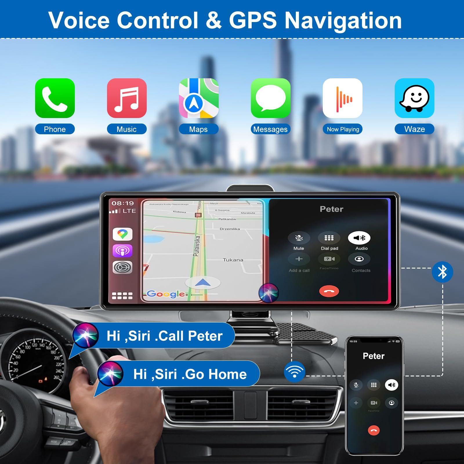 Accfly Carplay Screen for Car,10.26\" HD IPS Wireless Portable Car Stereo for Apple Carplay&Android Auto,Car Audio Receivers with 4K Dash Cam/1080P Rear Camera,GPS Navigation,Mirror Link,FM,Voice Control