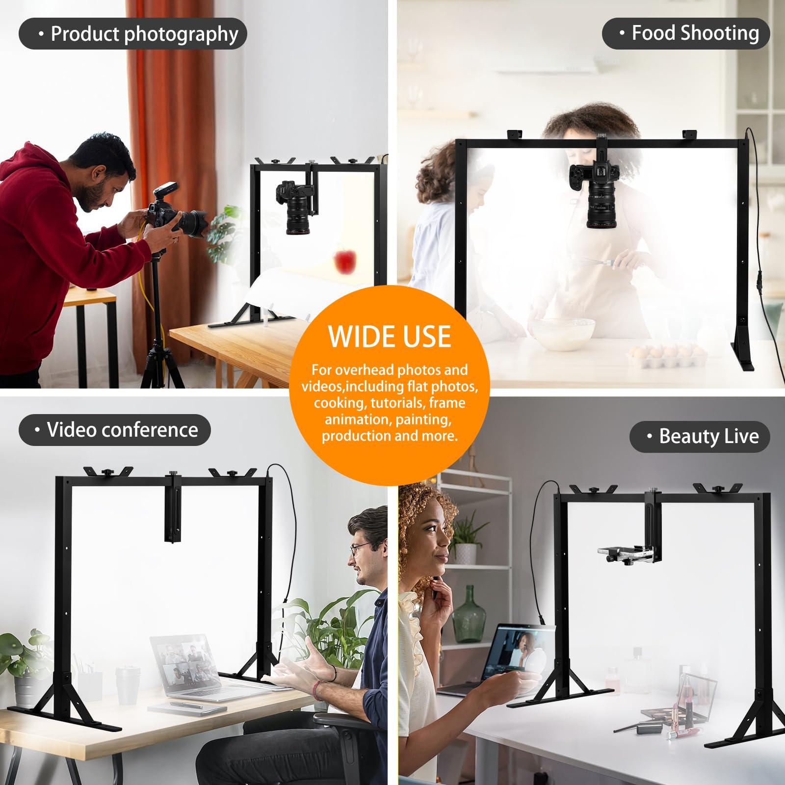 Gltire Gltire Overhead Camera Mount Rig Top-Down Shots with 5600K Led Photography Lighting, Table Top Desk Mount Stand for Camera DSLR Photo Video DIY Art Studio Painting Vlogging with Phone Grip/Clamps