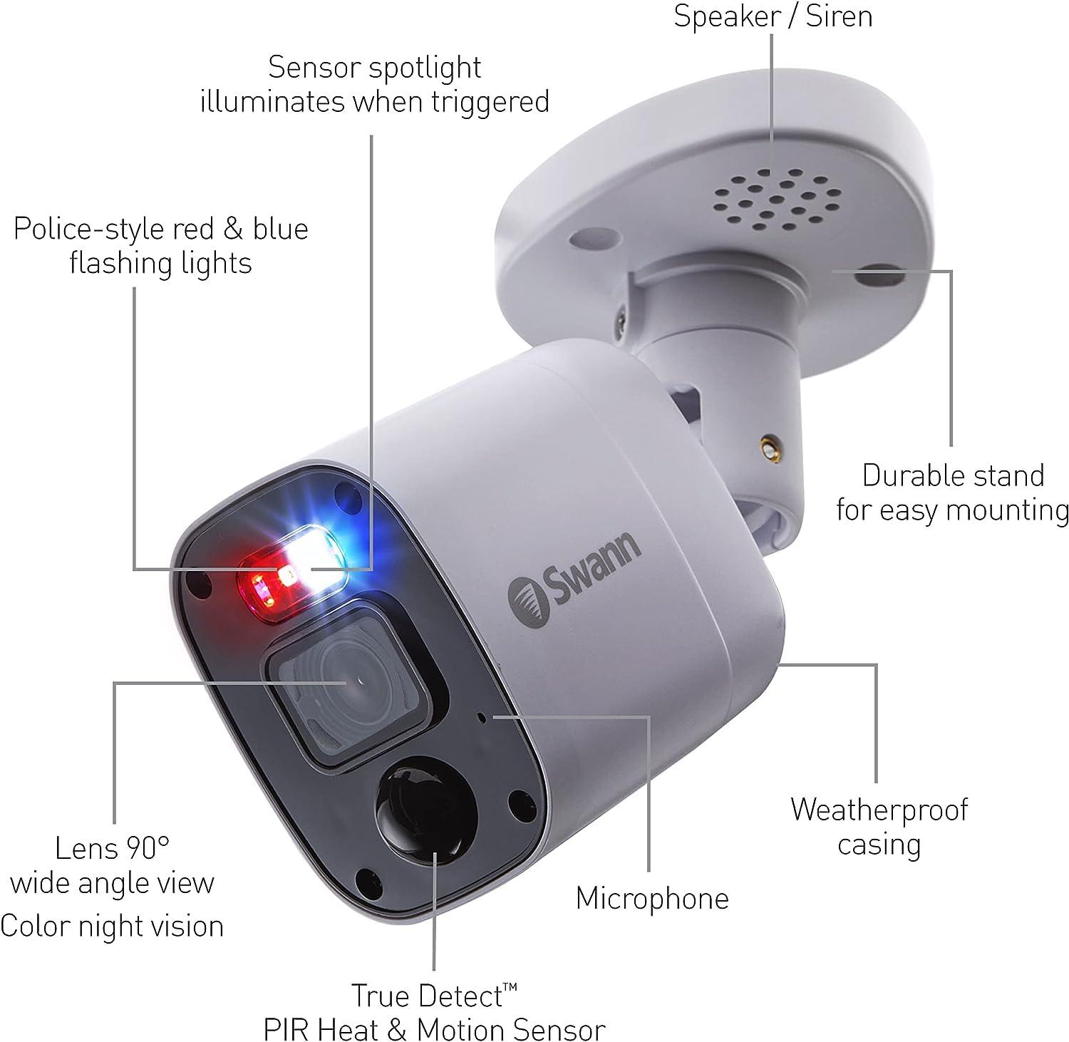 Swann Swann Add-On DVR Flashing Light Bullet Camera with Sensor Spotlight, 4K UHD Video, Indoor or Outdoor Design, Dusk to Dawn Color Night Vision Plus True Detect Heat, Motion Detection, and One Way Audio