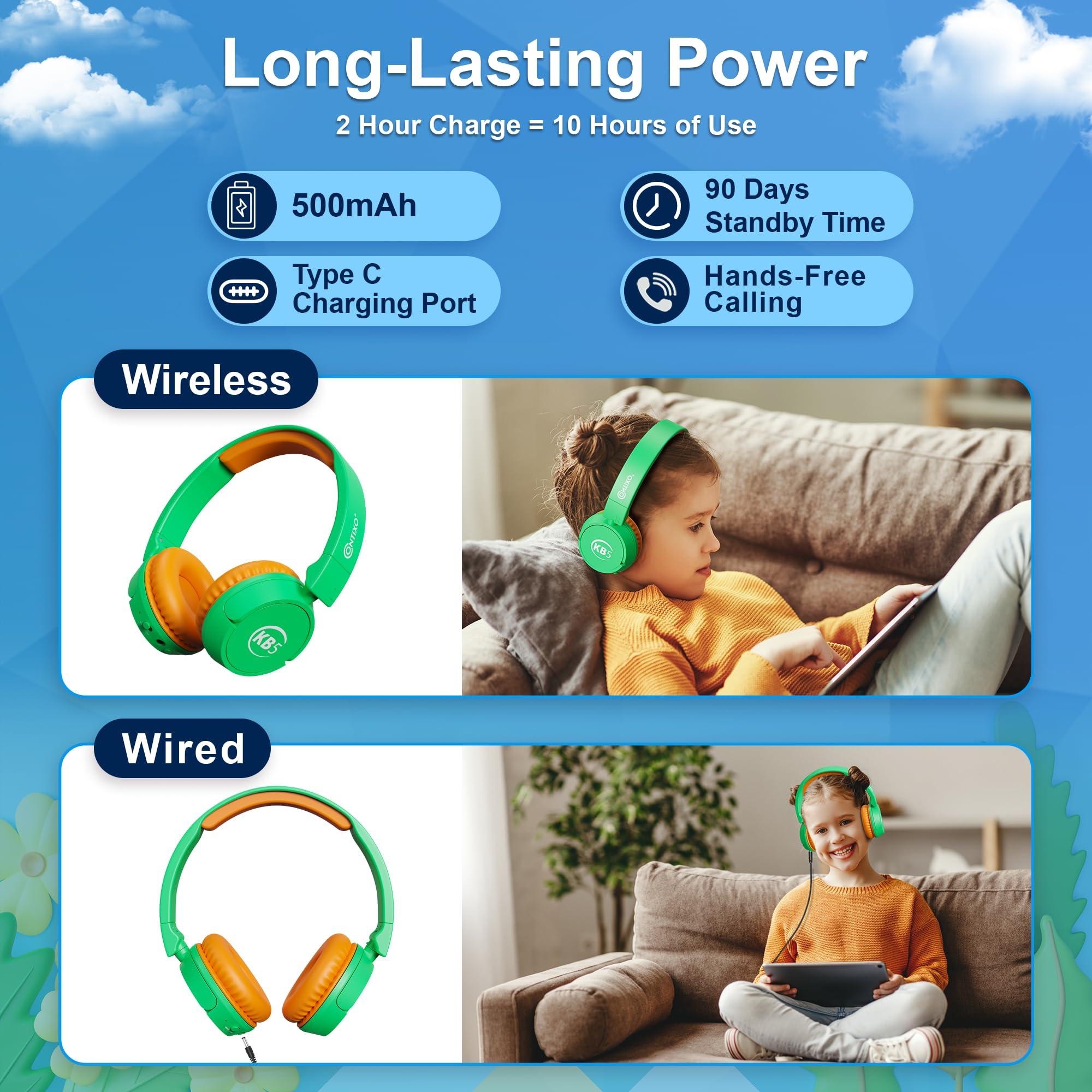 Contixo Contixo KB-5 Kids Headphones - Over The Ear Foldable Bluetooth Wireless Headphone for Kids - 85dB with Volume Limited - Toddler Headphones for Boys and Girls (Green+Orange)