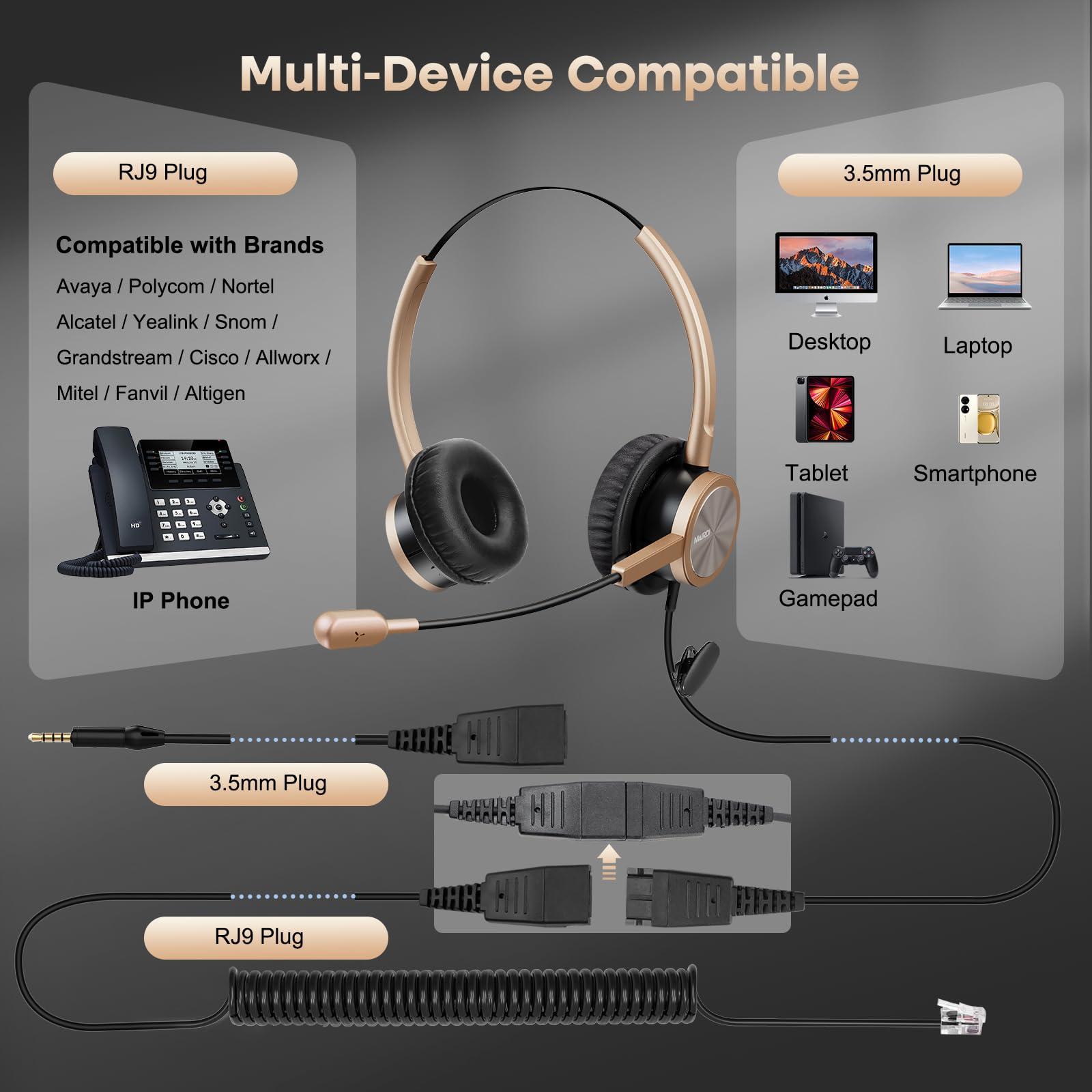 MAIRDI MAIRDI Telephone Headset with RJ9 Jack for Cisco Phone, Including 3.5mm Connector for Cell Phone PC Laptop, Binaural Office Headset with Microphone Noise Canceling for Call Center Landline Deskphone