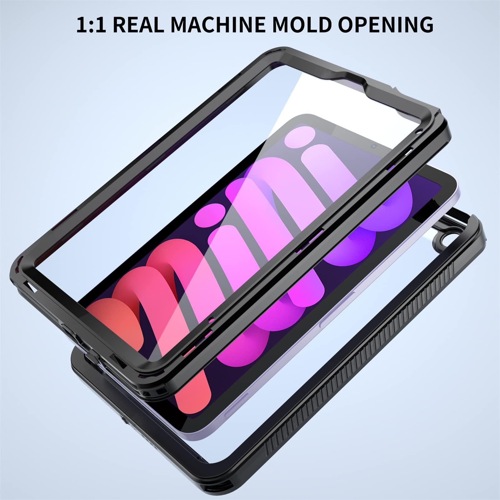 AdirMi Waterproof Case for iPad Mini 7 (A17 Pro) 2024 / iPad Mini 6 2021, Outdoor Sports Full-Body Heavy Duty Shockproof Protective Cover Built-in Screen Protector, Shoulder Strap,Black