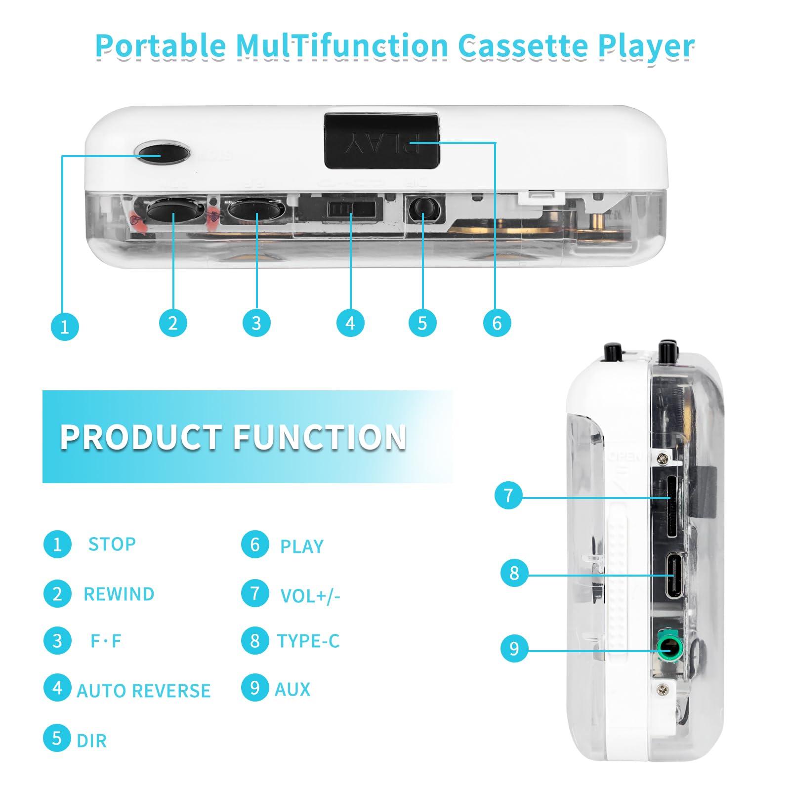 Burtowic Cassette Player- Clear StereoAuto Reverse Cassette Tape Player-Cassette Tape to MP3 Converter with Tape Converter Software-Built-in Cool Copper Wheel MovementEarphone