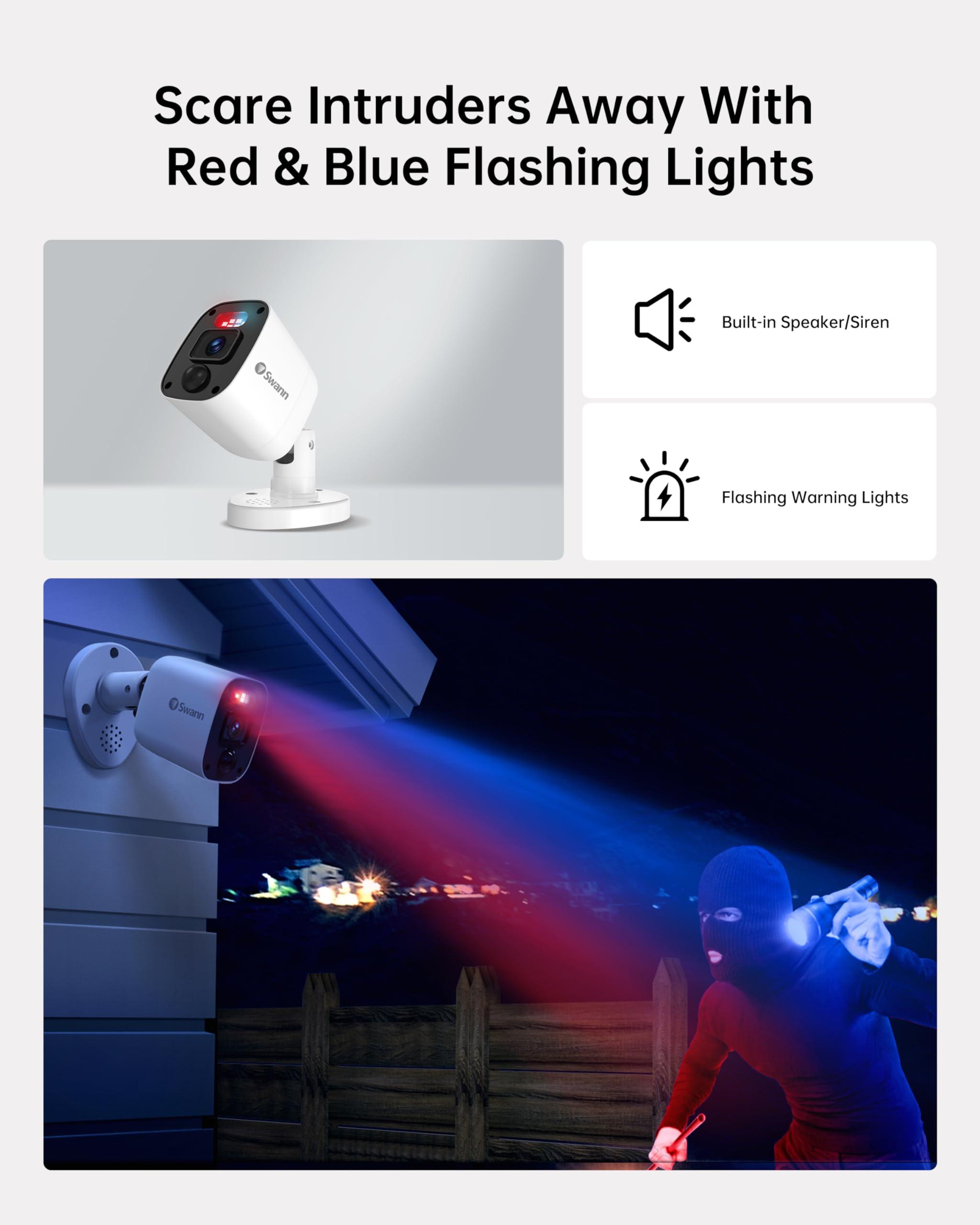 Swann Swann Add-On DVR Flashing Light Bullet Camera with Sensor Spotlight, 4K UHD Video, Indoor or Outdoor Design, Dusk to Dawn Color Night Vision Plus True Detect Heat, Motion Detection, and One Way Audio
