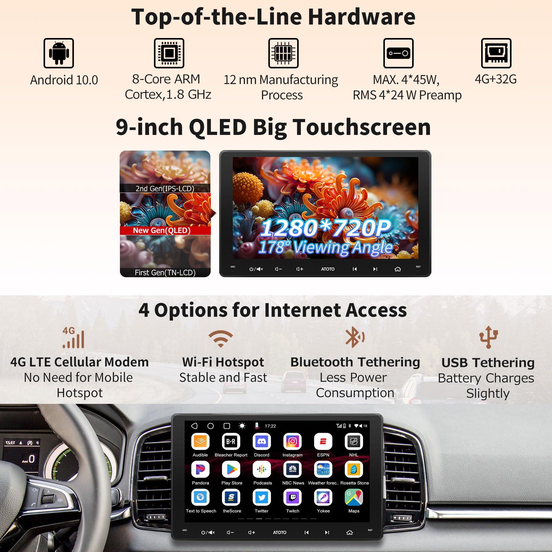 ATOTO ATOTO S8 MS 9\" QLED 1280 * 720 in Dash Navigation, Android Double Din Car Stereo, Wireless Android Auto & Wireless CarPlay, GPS Tracking, 4G+32G, Built-in 4G LTE, Dual Bluetooth, LRV, SCVC, S8G2094MS