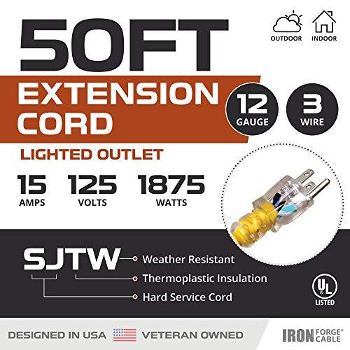 IRON FORGE CABLE IRON FORGE CABLE 50 ft Lighted Outdoor Extension Cord - 12/3 SJTW Heavy Duty Yellow Extension Cable with 3 Prong Grounded Plug for Safety, 15AMP - Great for Garden and Major Appliances