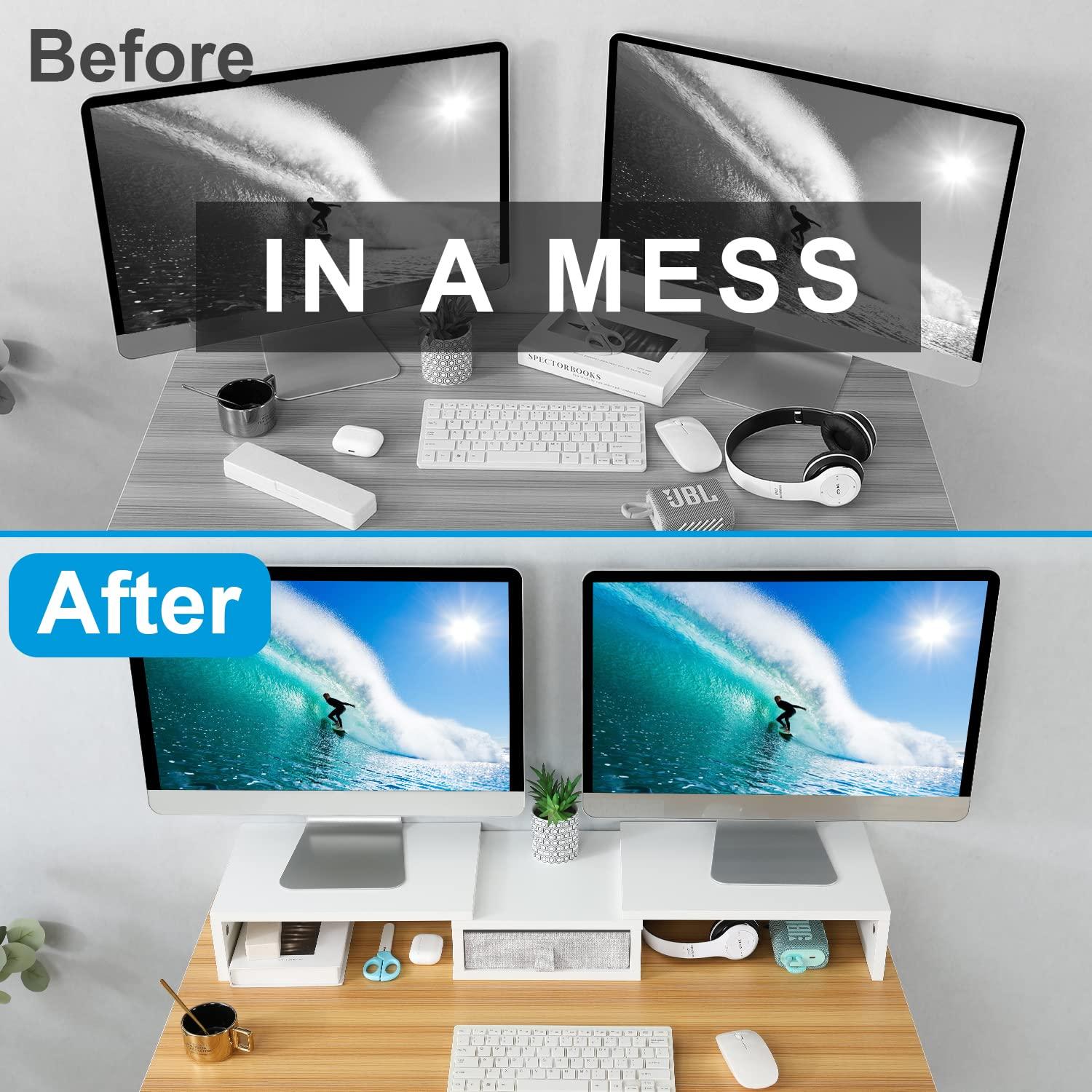 TEAMIX TEAMIX White Dual Monitor Stand Riser with Drawer - Length and Angle Adjustable Double Corner Desk Shelf Organizer 37 inch Long for 2 Laptop/PC/Screen/TV