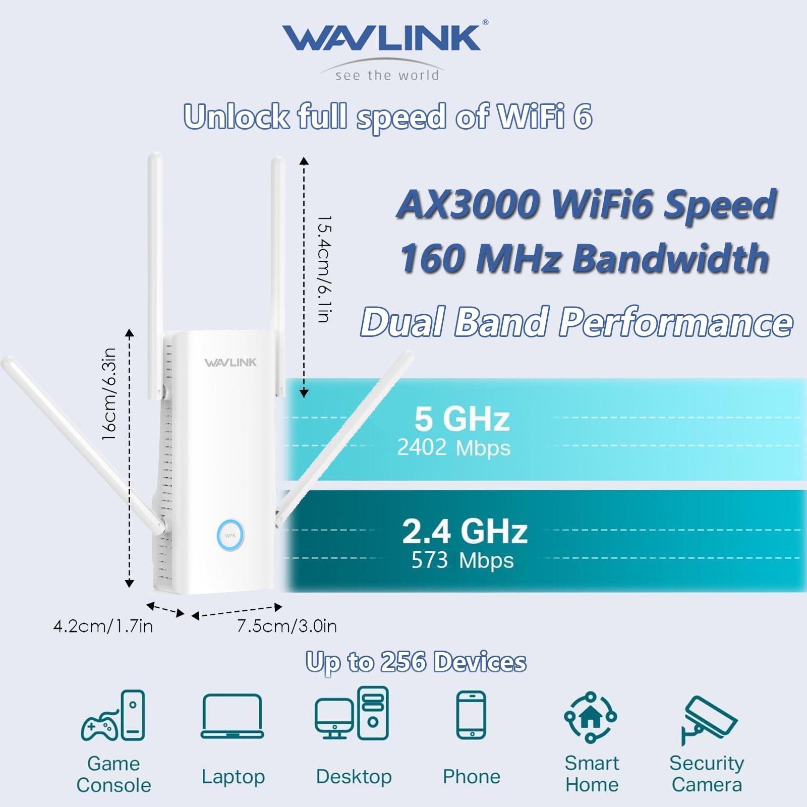 WAVLINK WAVLINK AX3000 WiFi 6 Extender Signal Booster for Home,3000Mbps Dual Band (5GHz/2.4GHz) WiFi Repeater,WiFi Repeater Signal Booster with Gigabit Ethernet Port,Access Point,1-Tap Setup