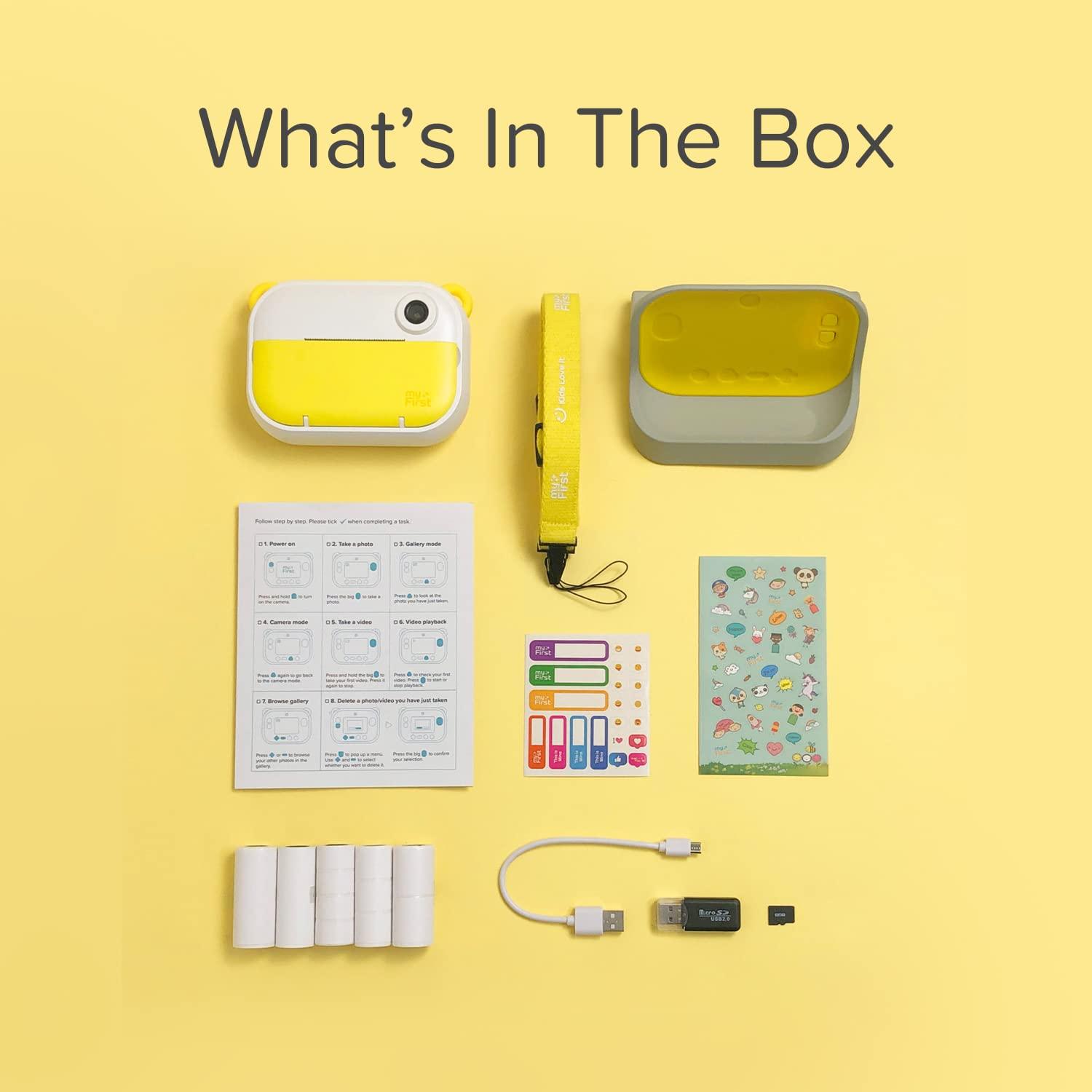 Oaxis myFirst Camera Insta Wi - Kids Digital Camera Instant Print, Label Maker, Unlimited Printing, 12MP Photos 1080P Video and Selfie Lens, Memory Card, Neck Lanyard, for Kids 3-12 (Yellow)