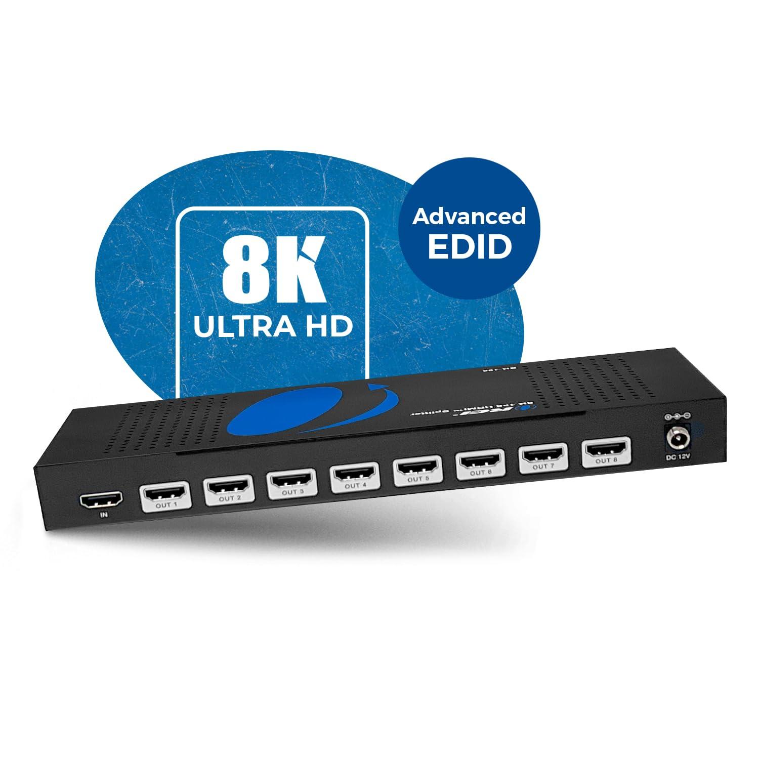 OREI OREI 8K HDMI Splitter 1 X 8, Duplicate/Mirror Any HDMI Signal UltraHD Supports Upto 4K @ 120Hz EDID HDCP 2.3 - (BK-108)