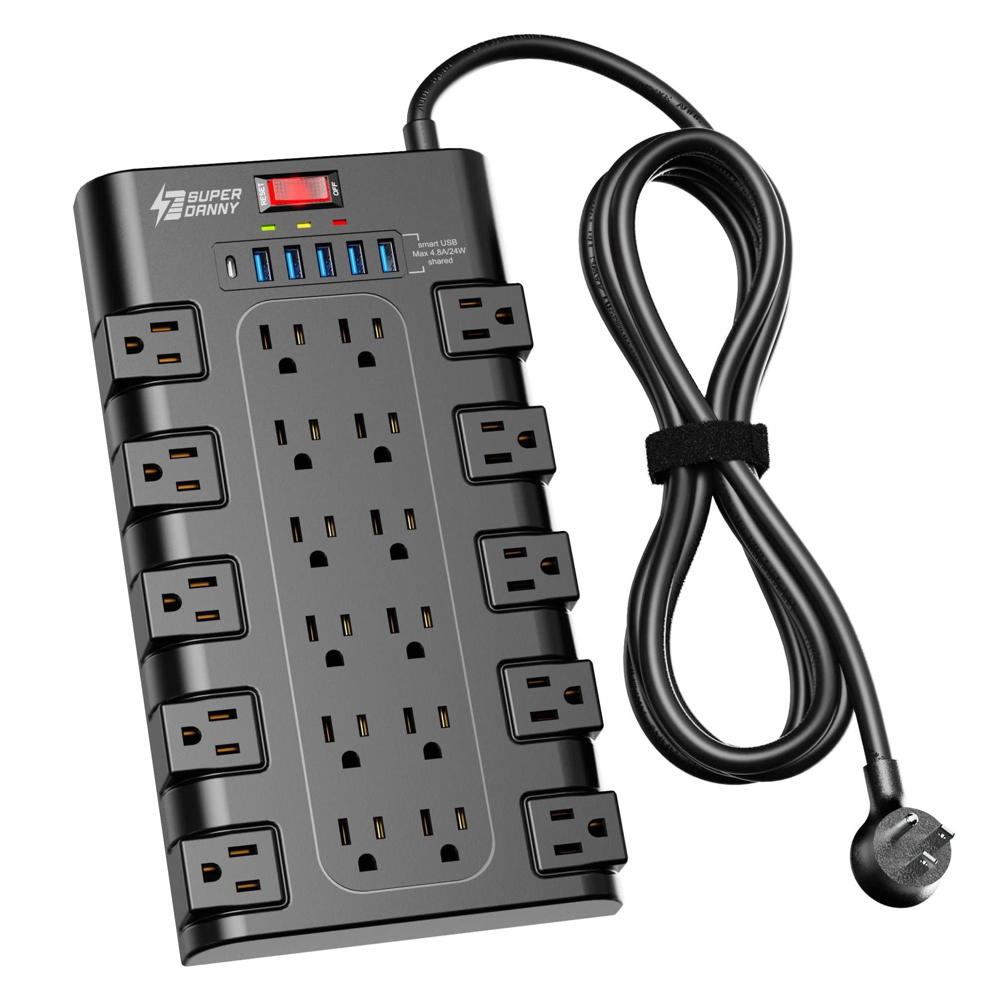 SUPERDANNY Power Strip, SUPERDANNY Surge Protector with 22 AC Outlets and 6 USB Charging Ports, 1875W/15A, 2100 Joules, 6.5Ft Flat Plug Heavy Duty Extension Cord for Home, Office, Dorm, Gaming Room, Black