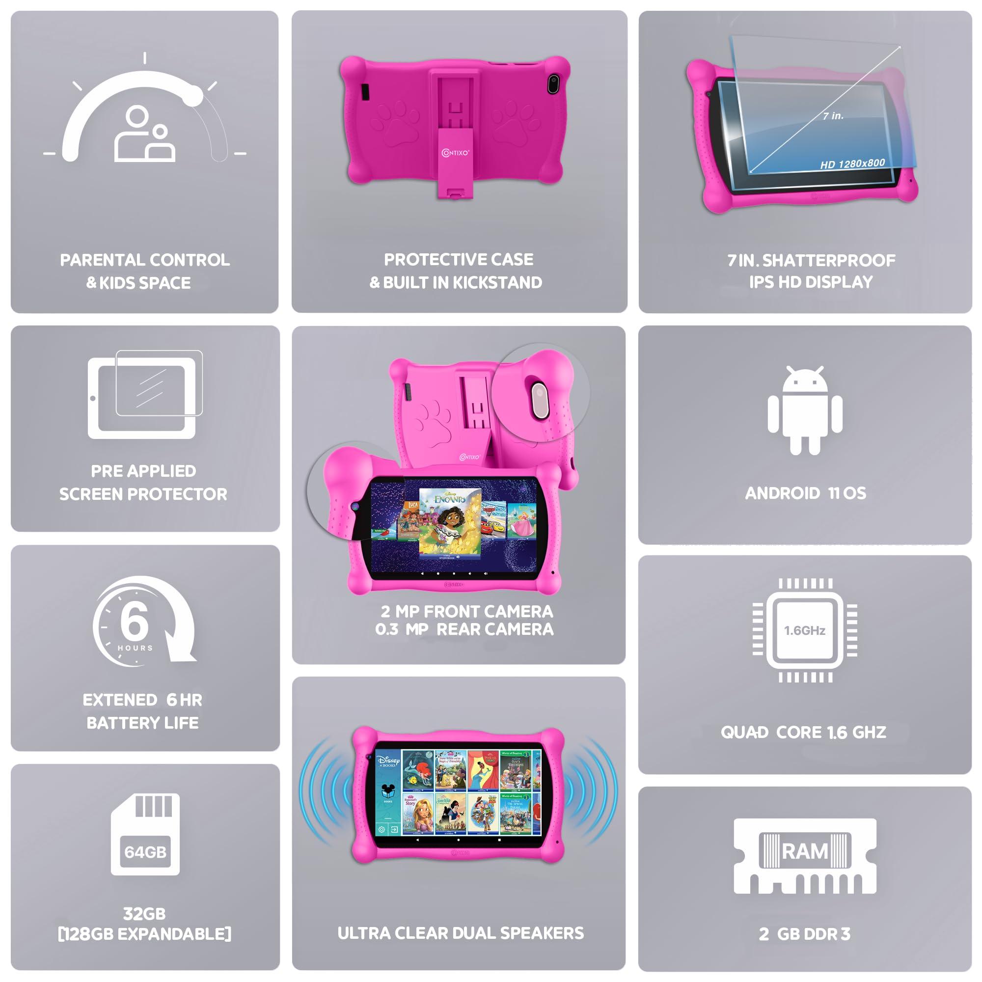 Contixo Contixo 7" Disney Kids Learning Tablet Bundle - Headphones, Stylus & Bag, Pre-Installed Disney Storybook (Value $200) & Teacher-Approved Apps, Parental Controls, Ideal for Education - Pink