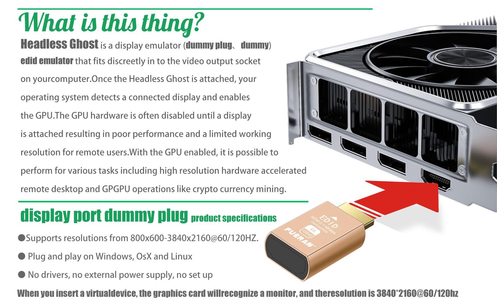 FUERAN FUERAN HDMI 2.1 Dummy Plug 4K@120Hz Virtual Display Emulator, Headless Adapter, HDMI Display Adapter, Supports 3840x2160@120Hz, 1440P@120Hz, 1080P@120Hz, EDID Emulator for GPU/Remote Desktop