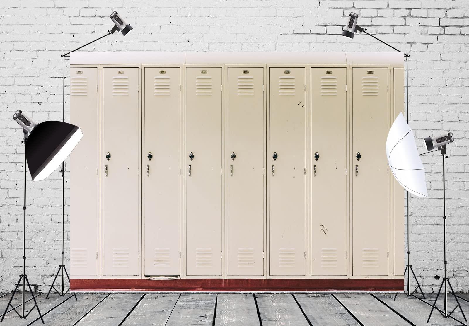 BELECO BELECO 8x6ft Fabric Old White School Locker Backdrop High School Gym Locker Room Stadium Metal Locker Safety Depository Security Storage Cabinet Photography Background Students Photo Studio Props
