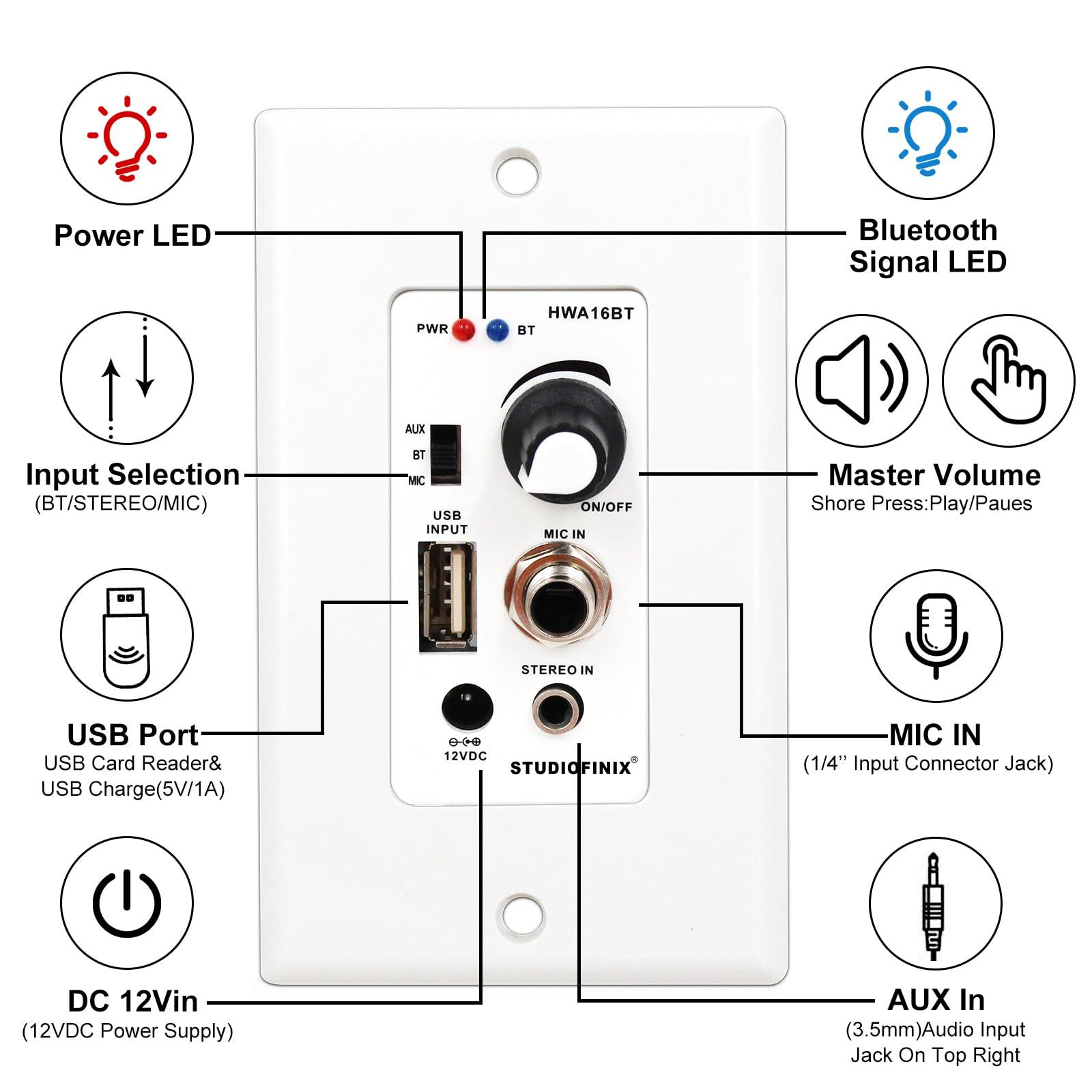 Herdio Herdio 5.25 Inches 2-Way Bluetooth Ceiling Speakers with 4 Channel Wall Amplifier, 320W Square in Wall Speaker System for Home Theater Office Kitchen, 2 Pairs