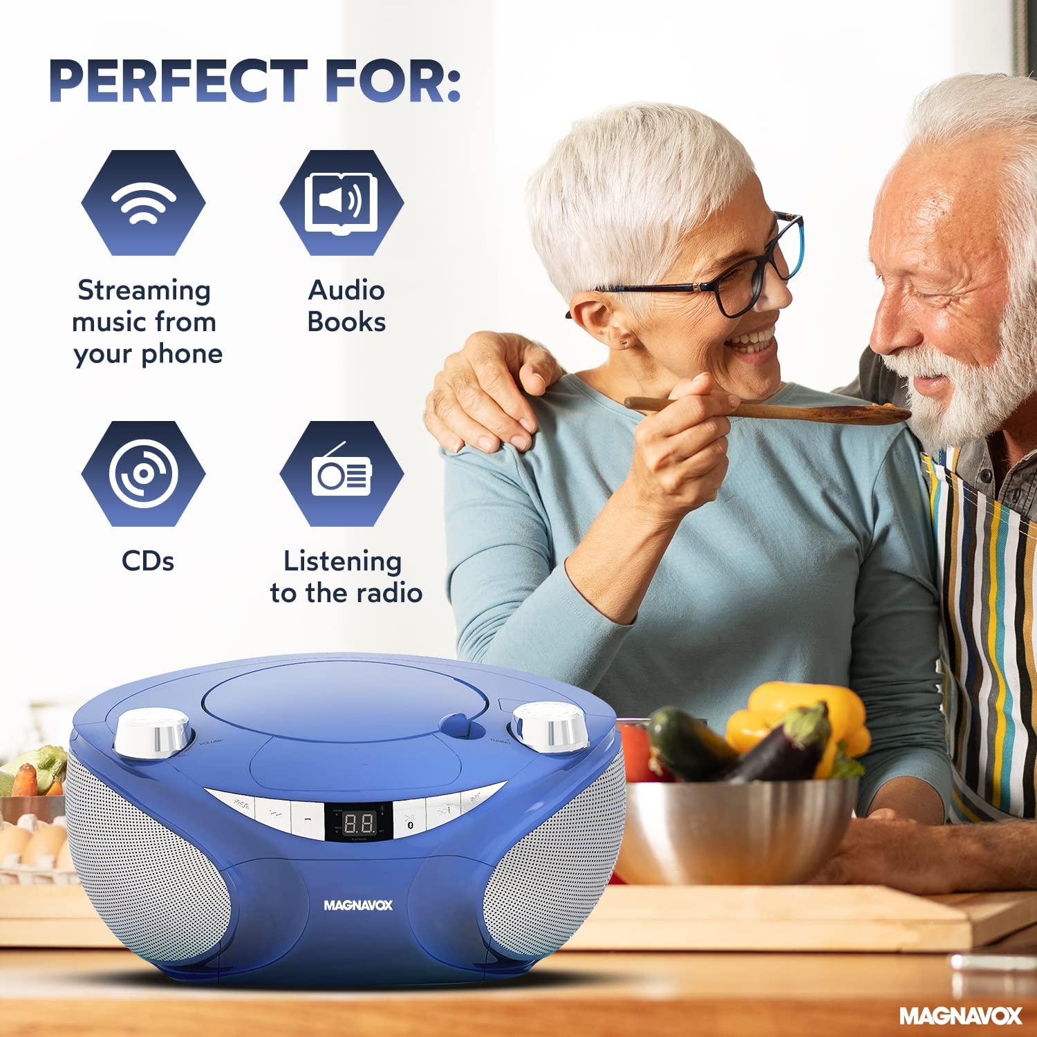 Magnavox Magnavox MD6949 Portable Top Loading CD Boombox with AM/FM Stereo Radio and Bluetooth Wireless Technology in Black | CD-R/CD-RW Compatible | LED Display | (Blue)