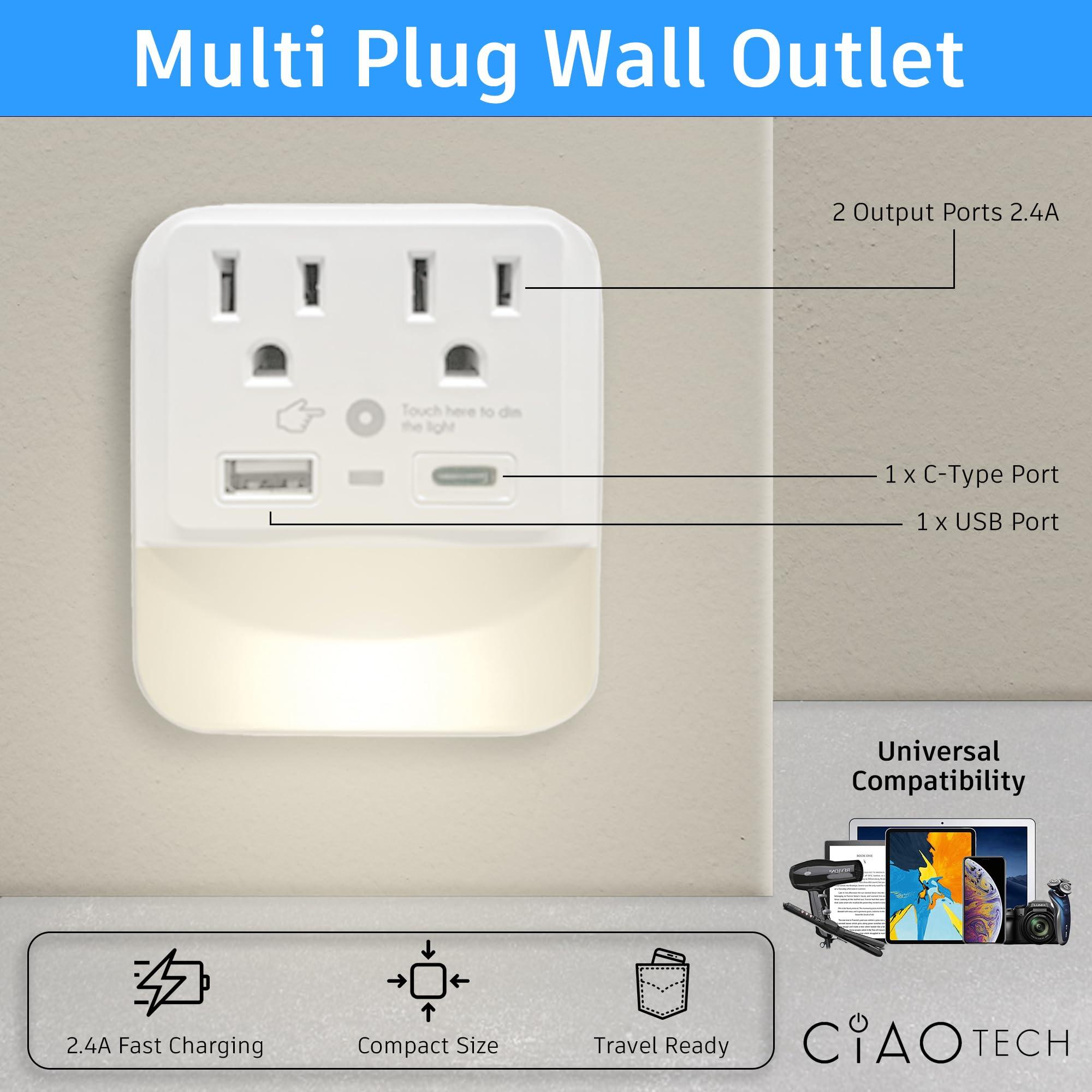 CIAO TECH 2 Outlet Extender with 1 USB-A & 1 USB-C with White Led Light - Multi Plug Outlet with 300 Joules Surge Protector - Multipurpose USB Outlet with 2.4A Fast Charging (White)