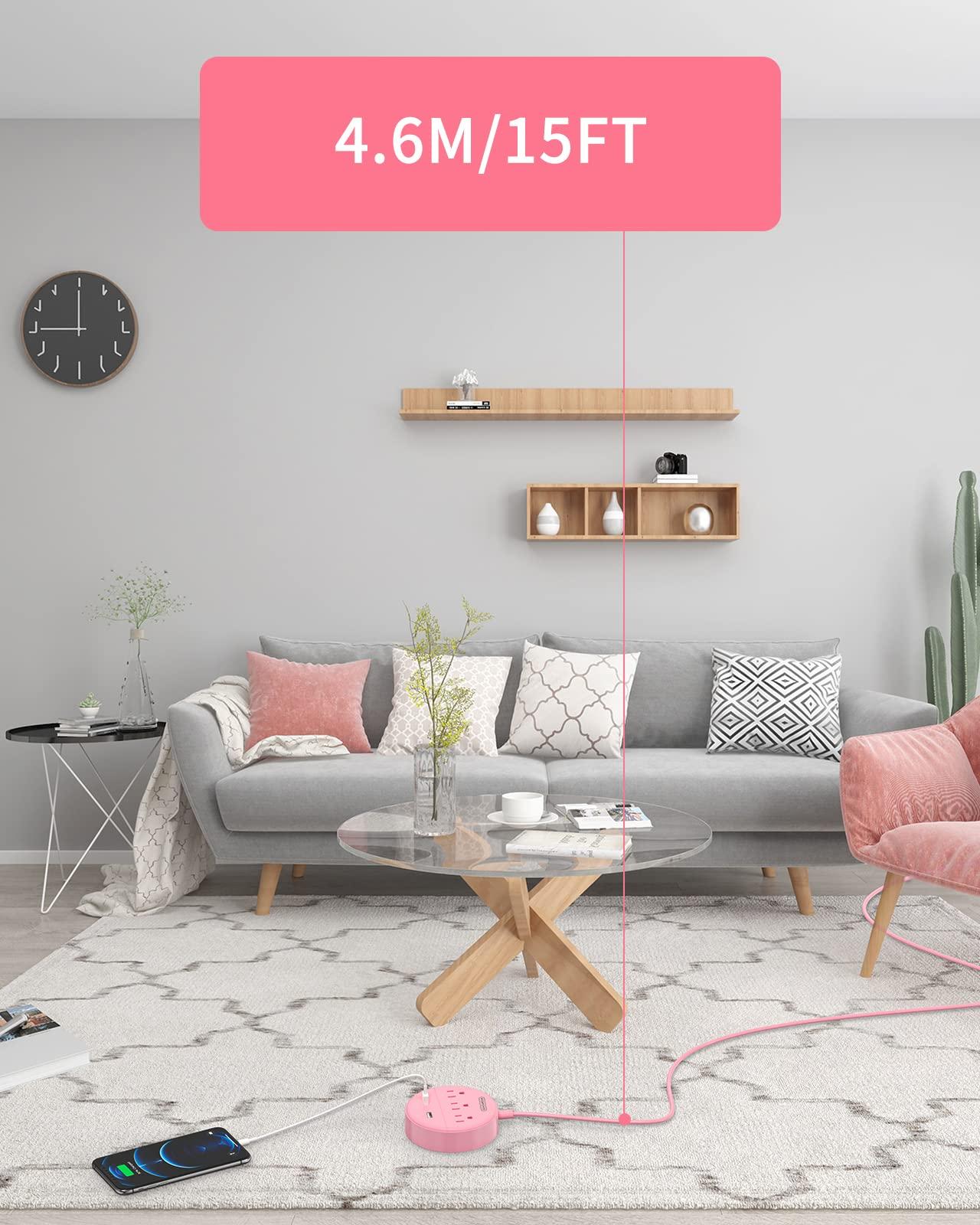 NTONPOWER Pink Extension Cord 15ft, NTONPOWER Flat Plug Power Strip with Long Extension Cord, 3 Outlet 2 USB Desktop Charging Station Wall Mount for Home, Dorm Room, Office and Nightstand, ETL Listed