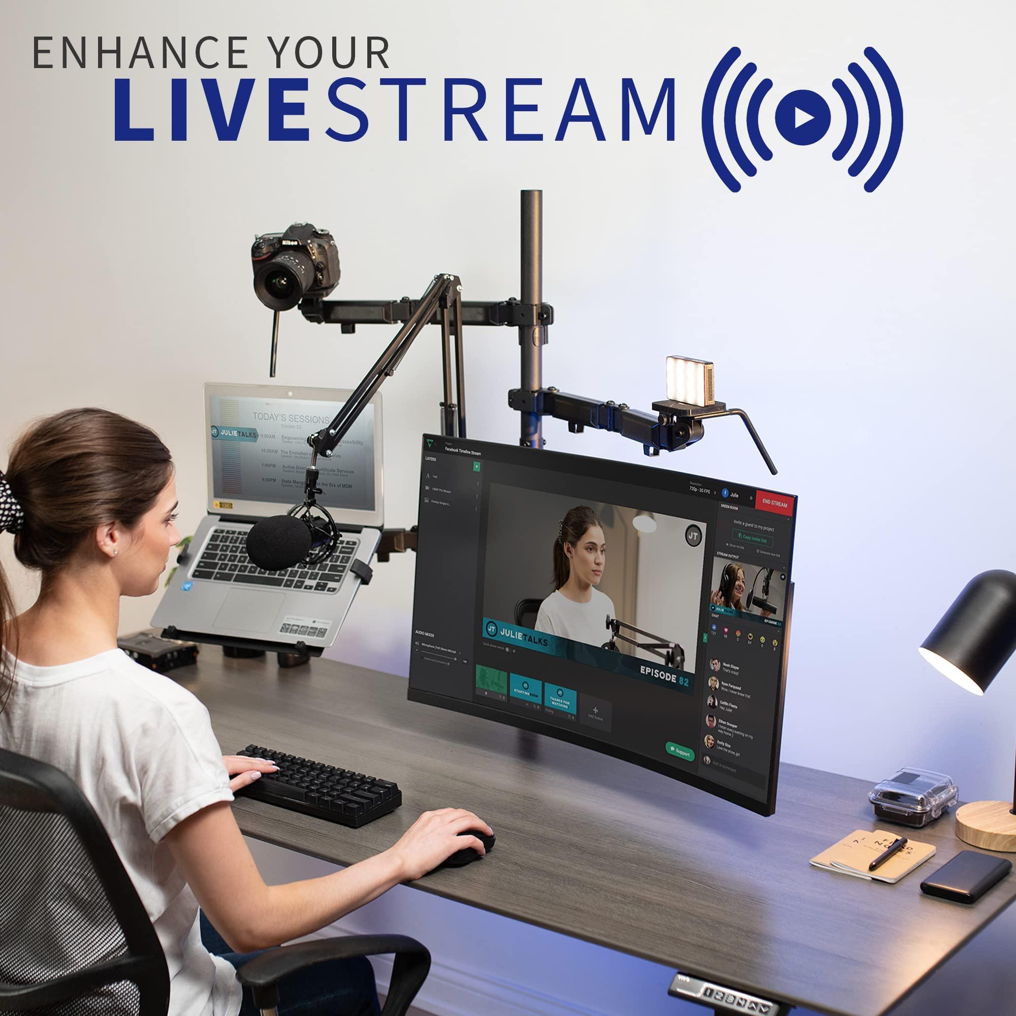 VIVO VIVO All-in-One Computer Studio Desk Mount, Mic Boom, Dual Monitor Mount up to 32 inches, Laptop Stand, Livestream Arms Compatible with Cameras, Lighting, Phone/Tablet Adapters, STAND-LIVE2L