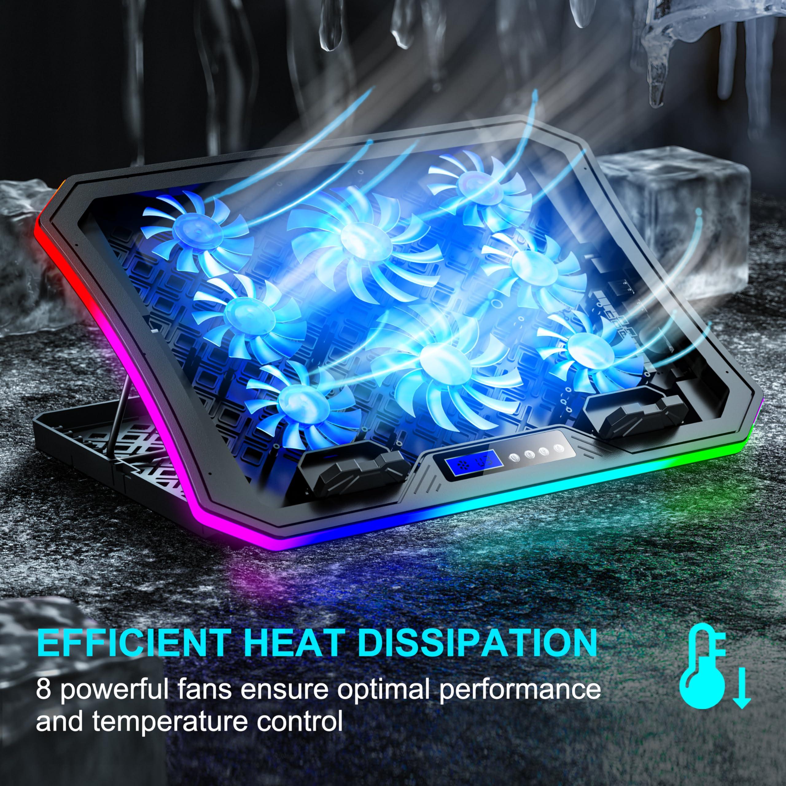 MOOJAY Laptop Cooling Pad RGB Gaming Notebook Cooler for Desk and Lap Use, MOOJAY Laptop Fan Stand 8 Adjustable Heights with 8 Quiet Fans and Phone Holder, for 15.6-17.3 Inch Laptops - Blue LED Light