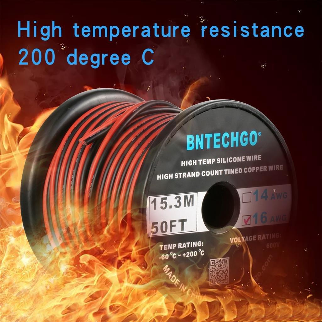 BNTECHGO BNTECHGO 16 Gauge Flexible 2 Conductor Parallel Silicone Wire Spool Red Black High Resistant 200 deg C 600V for Single Color LED Strip Extension Cable Cord,Model,50ft Stranded Tinned Copper Wire