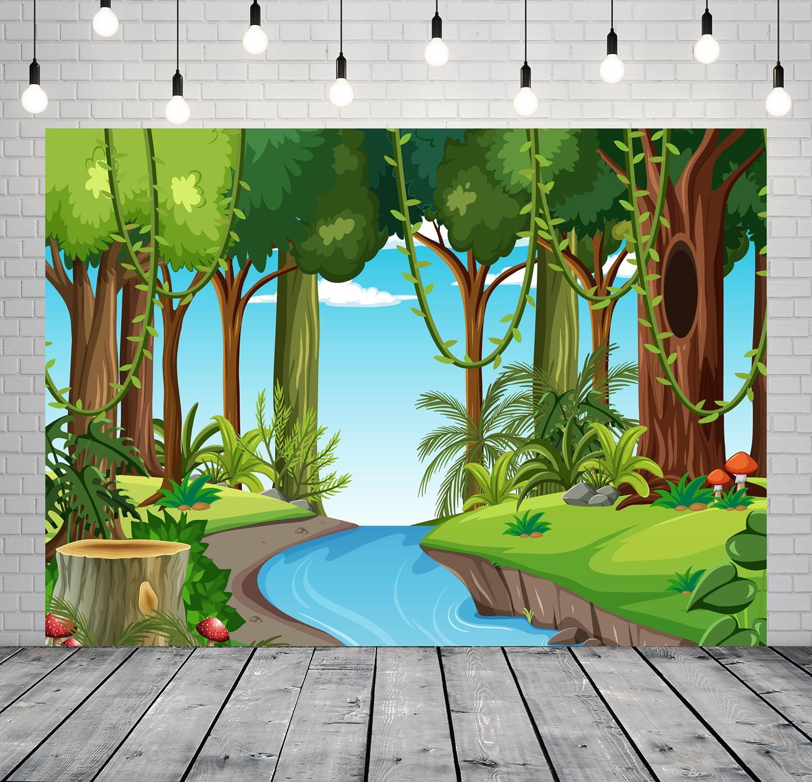 CORFOTO CORFOTO Jungle Forest Backdrop 5x3ft Fabric Nature Wild Scene River Pond Green Forest Photography Background for Safari Themed Birthday Party Supplies Zoo Party Banner Baby Shower Tropical Photo Props