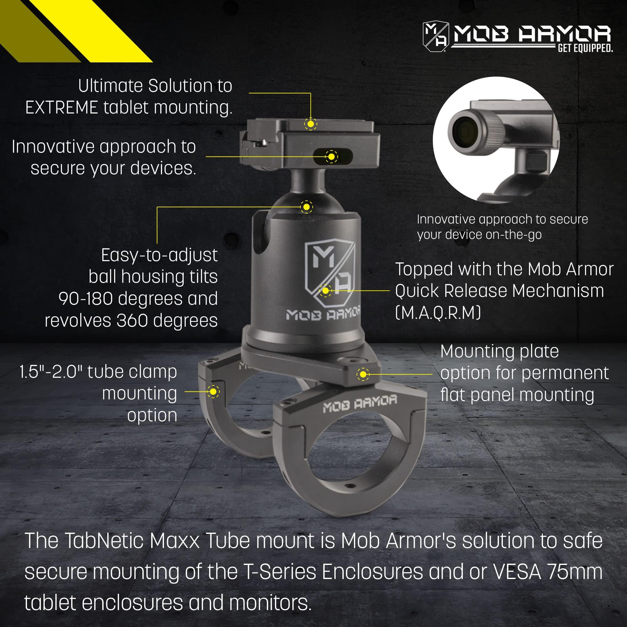 Mob Armor Mob Armor Quick Release Maxx Tube Mount - Adjustable Tablet Holder with Rotating and Tilting Housing, Quick-Detach Mechanism, and Secure Clamp for Mounting on Tubes in Vehicles, Worksites, and Gyms