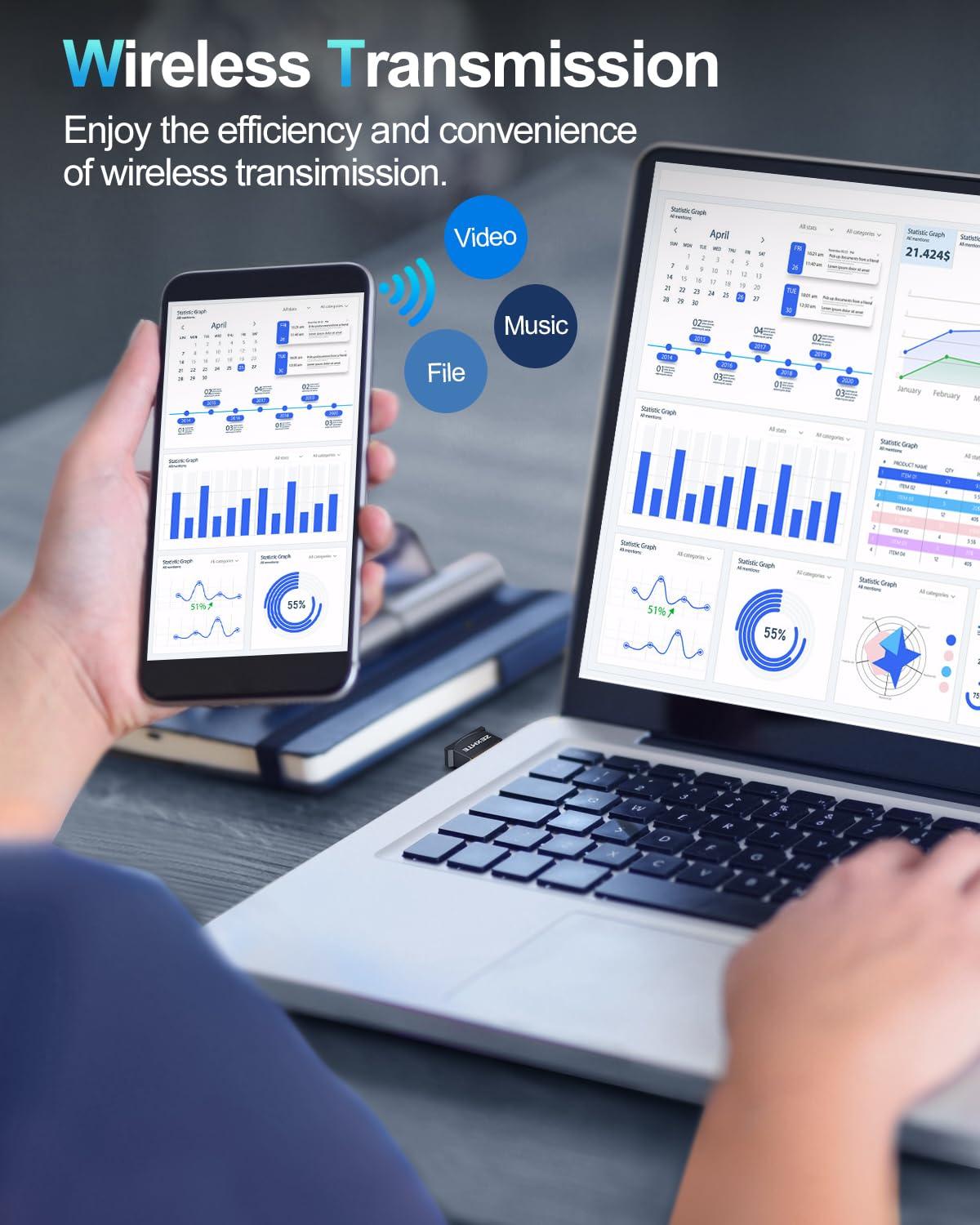 ZEXMTE ZEXMTE USB Bluetooth Adapter for PC, 5.4 Bluetooth Dongle, Plug-and-Play for PC, Laptop, Mouse, Keyboard, Headsets, Speakers, Support Windows 11/10/8.1/7