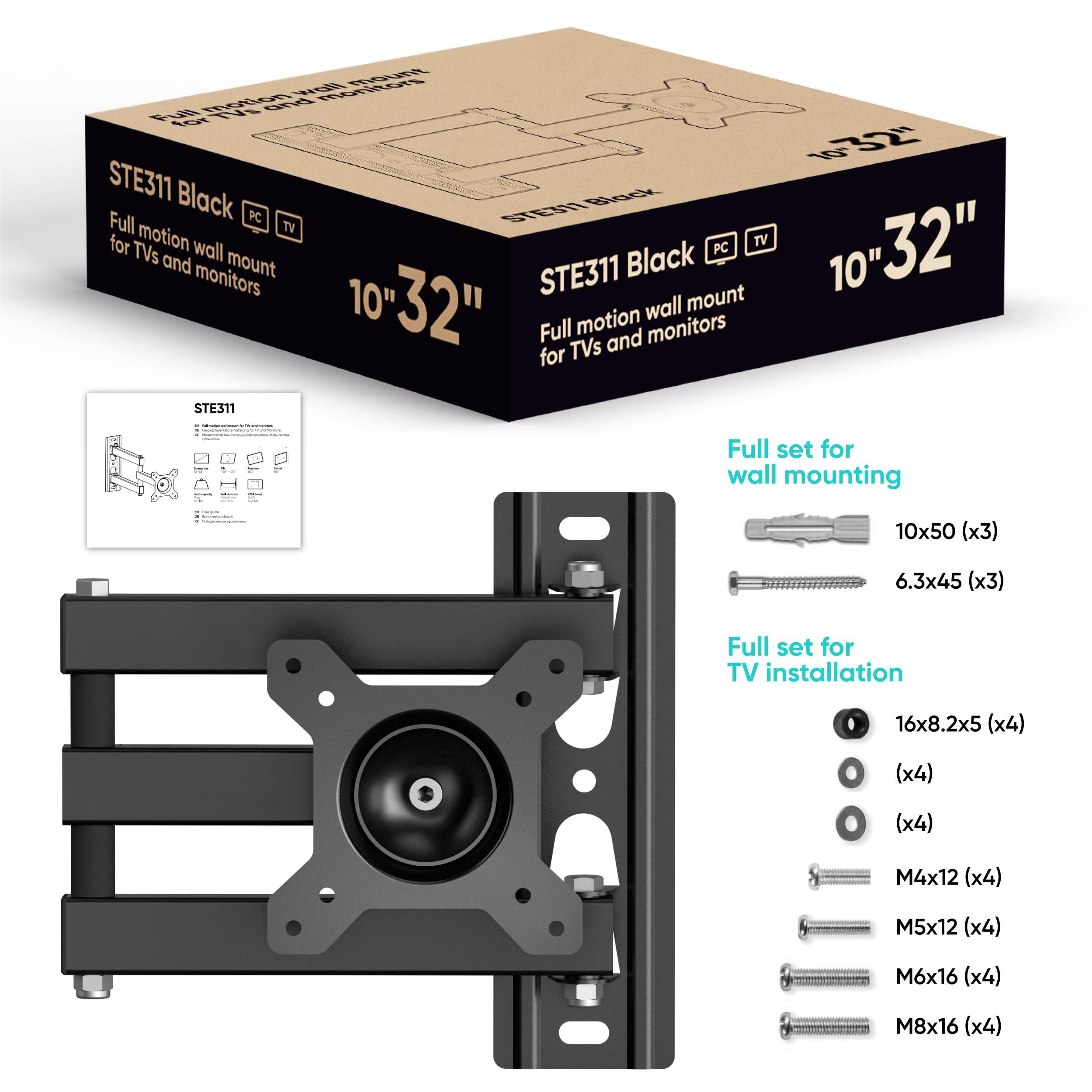 ONKRON Small TV Wall Mount for 10-32 Inch Screen up to 33 lbs, Rotating TV Mount Swivel and Tilt Full Motion - 75x75 & 100x100 VESA Monitor Wall Mount Arm/Corner Television Bracket Black