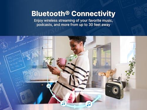 Emerson Emerson EAS-3002 Portable Bluetooth Retro Radio with AM/FM Tuner, USB/AUX Inputs, Built-in Rechargeable Battery, and Carrying Handle, Espresso