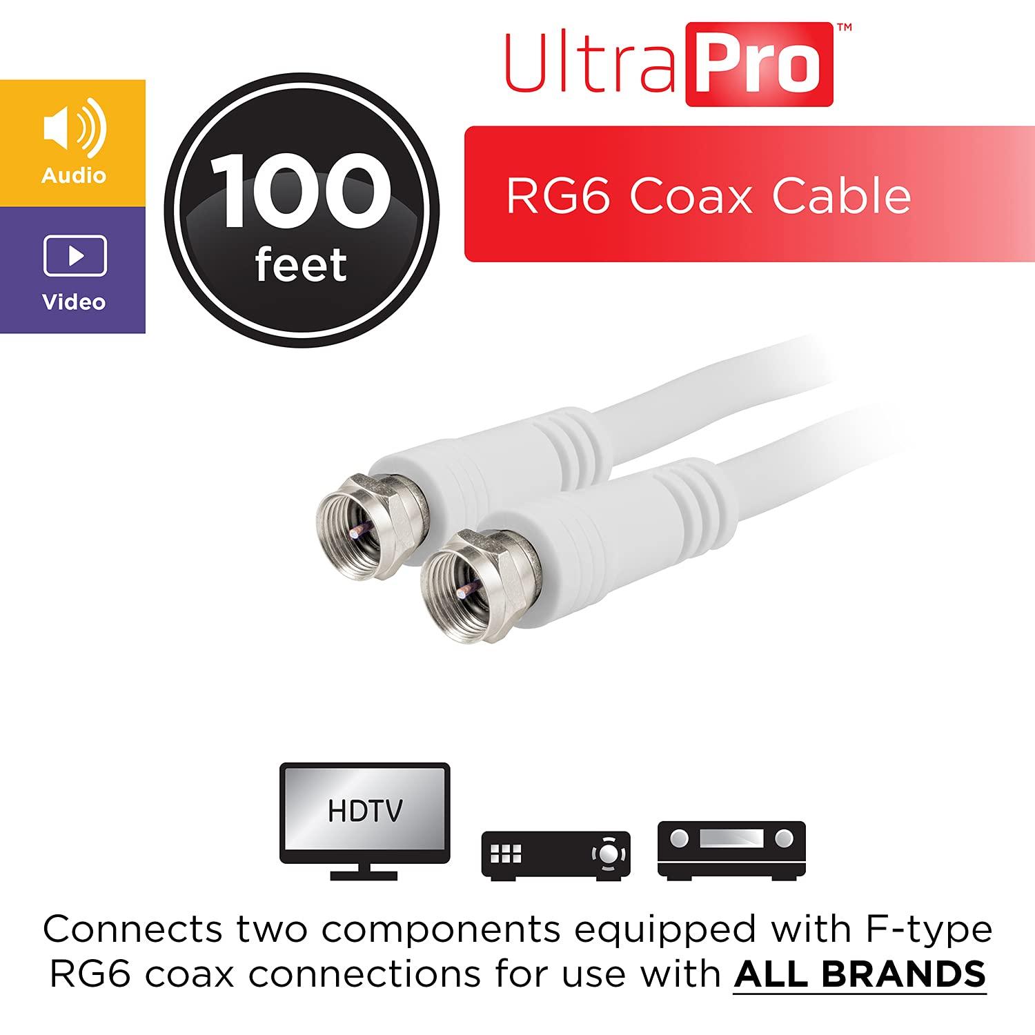 UltraPro UltraPro RG6 Coaxial Cable 100ft. White, F-Type Connectors, Double Shielded Coax, Input Output, Ideal for TV Antenna, Satellite, DVR VCR, Cable Box, Home Theater, 52157
