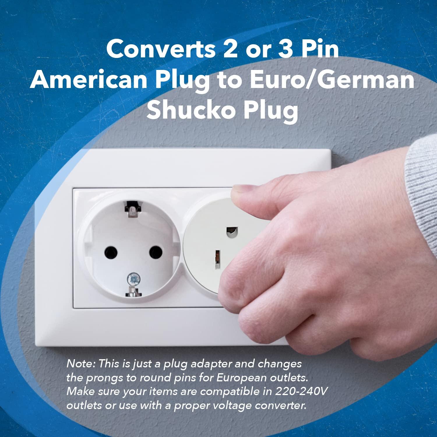 OREI OREI American USA To European plug adapter Type E/F schuko plug adapter - Use in Germany, France, & more - CE Certified For Mobile, Laptop & Camera Chargers - 2 Pack