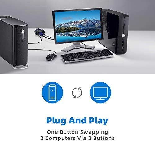 TCRAYCH VGA USB KVM Switch, 2 Port VGA KVM Switcher Selector with Cables for 2PC Sharing 1 Video Monitor and 3 USB Devices Keyboard Mouse Printer Scanner