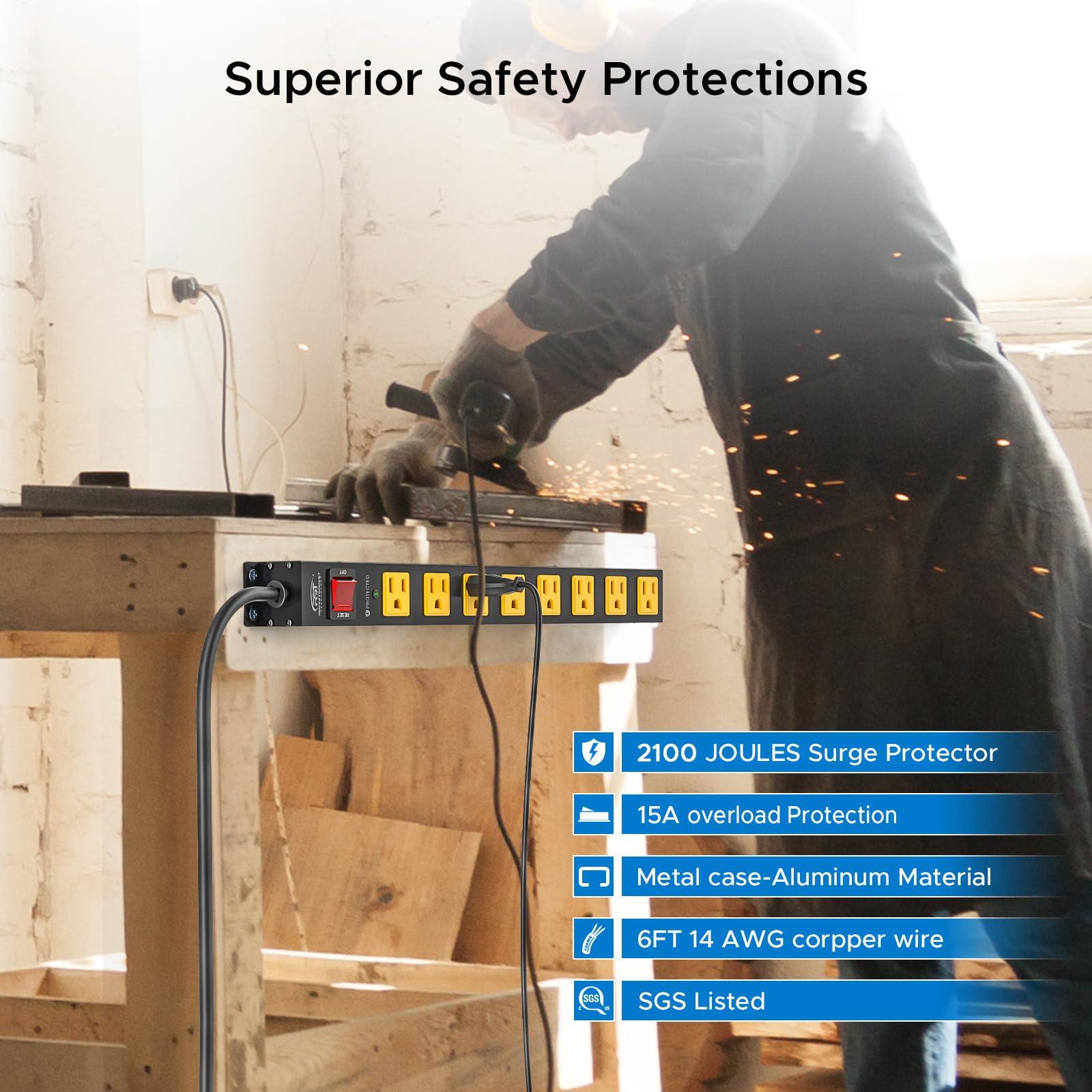 CRST CRST 8 Outlet Metal Long Power Strip,Heavy Duty Surge Protector 2100J, 6 FT Cord Mountable Wide Spaced Workshop Garage Power Strip, 15amp/1875W