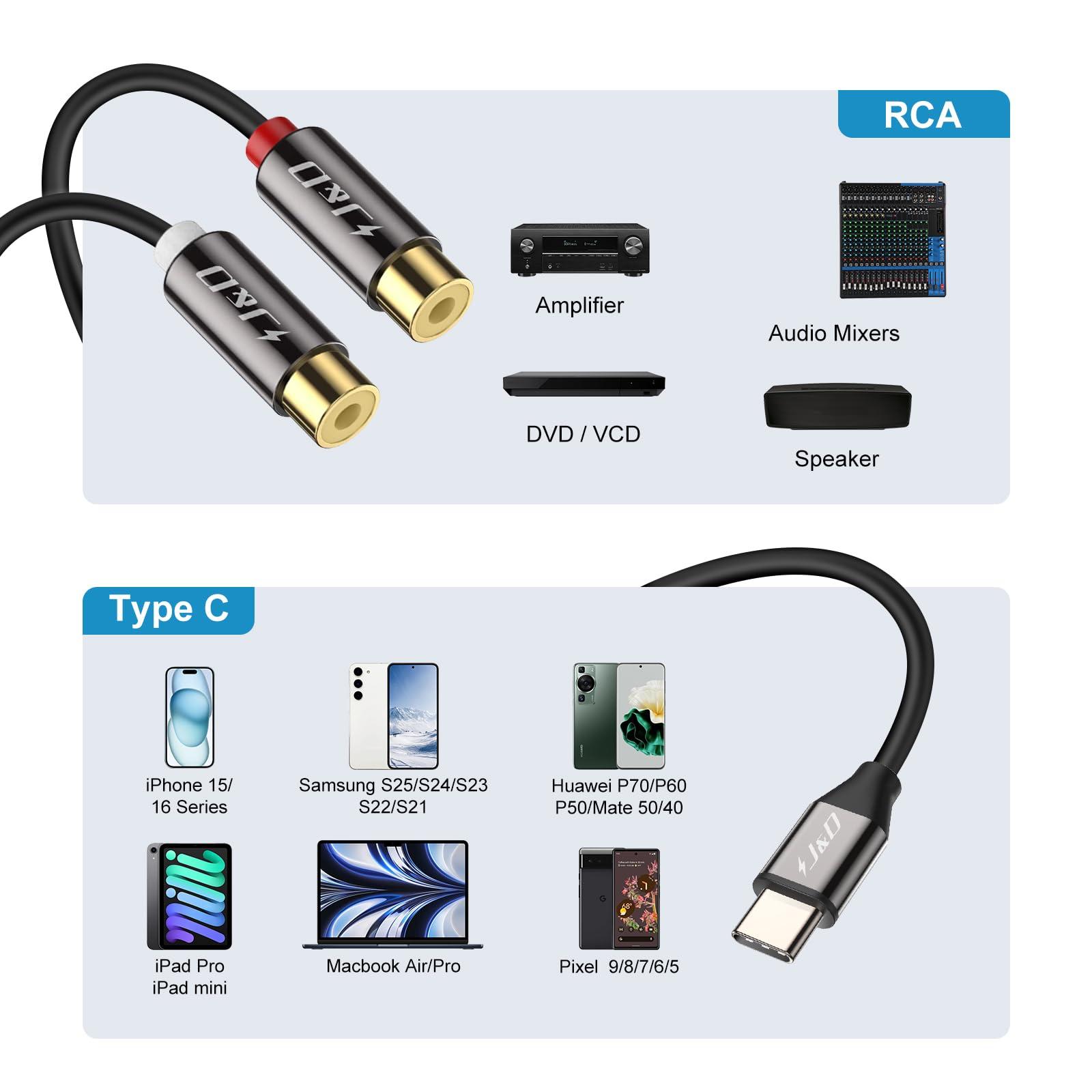 J&D J&D USB C to RCA Stereo Cable, Type C to 2 RCA Female Y Splitter RCA Extension Cord Compatible for iPhone 16 Pro Max/16 Pro/16 Plus/16/15/15 Pro Max/15 Pro/15 Plus, Galaxy S24/S23/S22, 0.6 Feet
