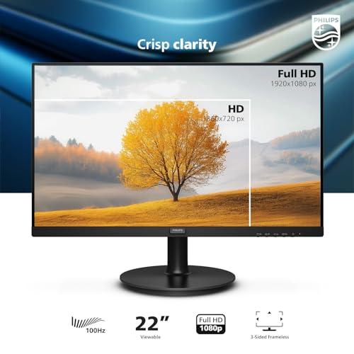 Philips Computer Monitors Philips 22 inch Class Thin Full HD (1920 x 1080) Monitor, 100Hz Refresh Rate, VESA, HDMI x1, VGA x1, LowBlue Mode, Adaptive Sync, 4 Year Advance Replacement Warranty, 221V8LB
