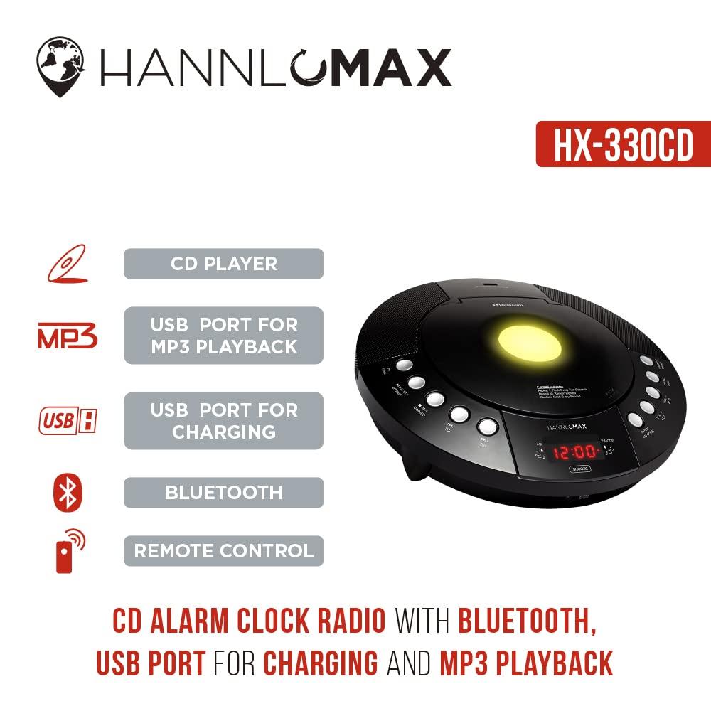 HANNLOMAX HANNLOMAX HX-330CD CD Player, FM Radio, Bluetooth, Alarm Clock, Red LED Display, USB Port for Charging and MP3 Playback, Aux-in, Remote Control included, AC Operation only. (Black)