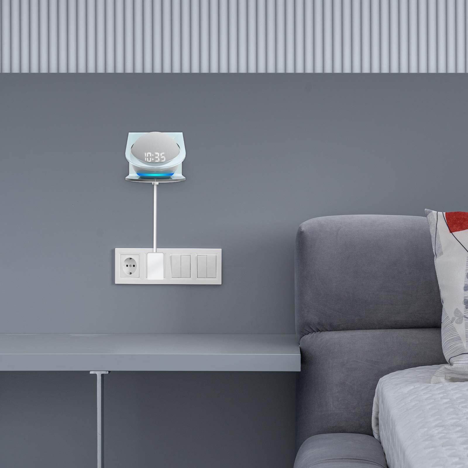 GEEKRIA Geekria Acrylic Wall Mount Compatible with Echo Dot 4th with an LED Clock and Alexa Smart Speaker, Speaker Stand Stable Guard Holder (Clear)
