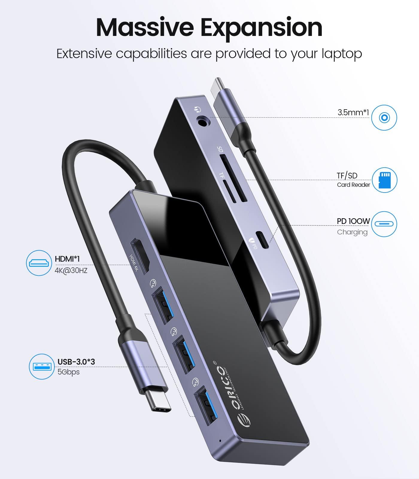 ORICO USB C Hub, ORICO 8 in 1 MacBook Docking Station Multiport Adapter with PD 100WHDMI 4K@30HzUSB-A3.03, SD/TF13.5mm Audio1 Compatible for Dell/Surface/HP/Lenovo Laptops