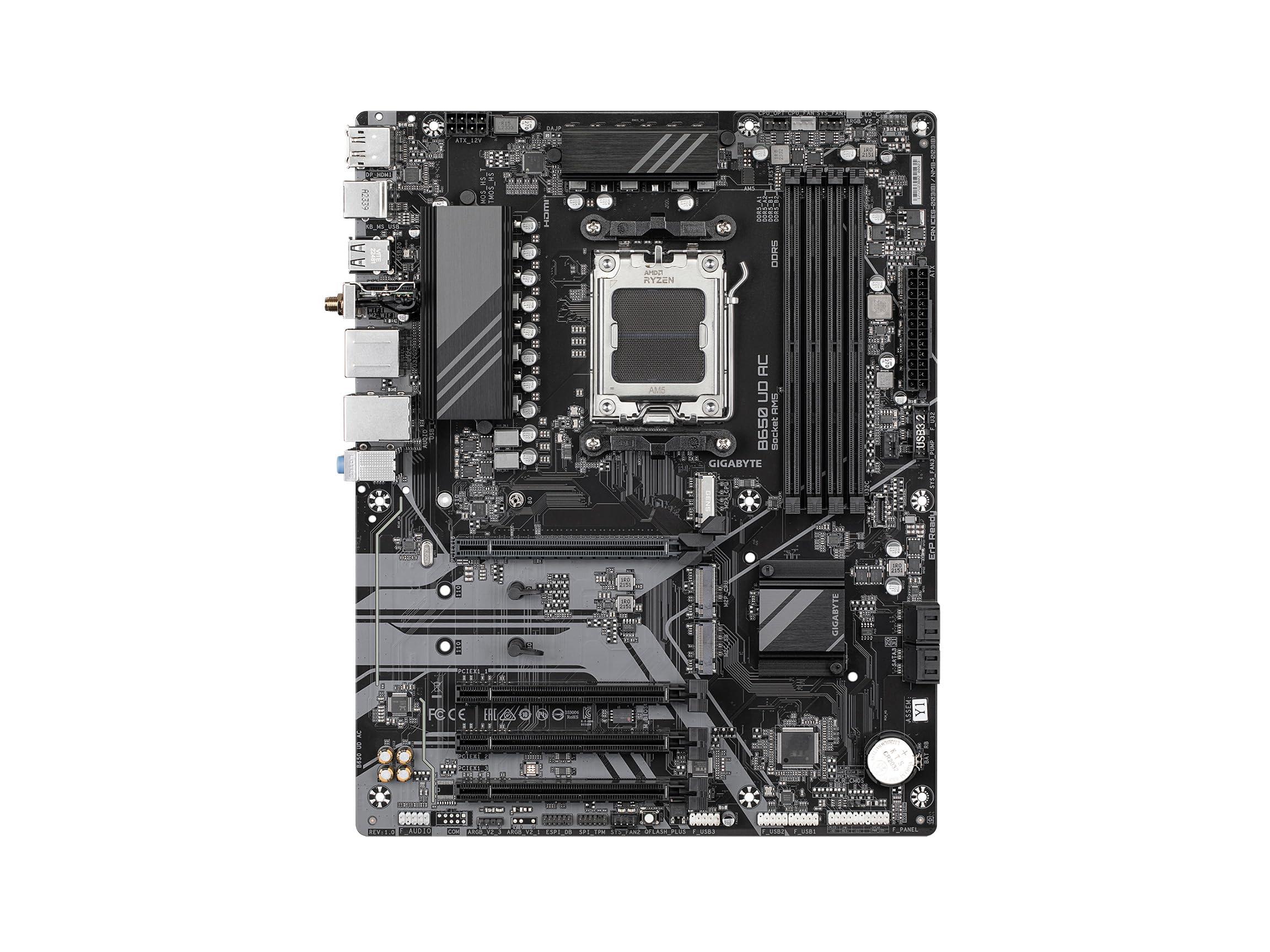 GIGABYTE GIGABYTE B650 UD AC (rev. 1.0) AM5 LGA 1718 AMD B650 ATX Motherboard with 5-Year Warranty, DDR5, PCIe 4.0 M.2, PCIe 4.0, USB 3.2 Gen2x2 Type-C, GbE LAN