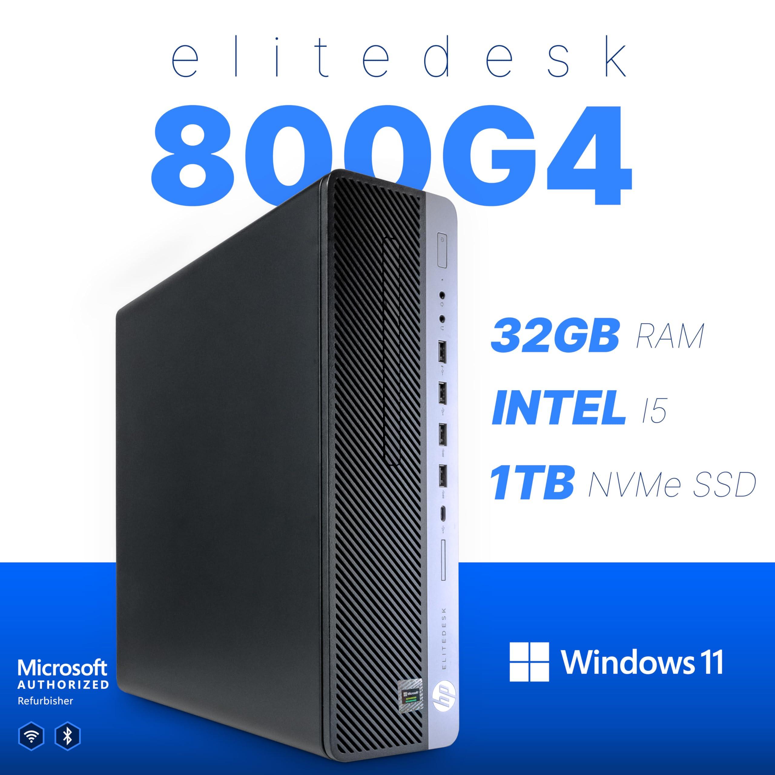 HP HP EliteDesk 800 G4 PC Computer, Intel i5-8500, Crucial 32GB DDR4 RAM, 1TB NVMe M.2, Windows 11 Pro, Internal WiFi 6 AX200, Cherry Keyboard & Mouse, Dual 22" LCD (Renewed) (800G4 Home Bundle)