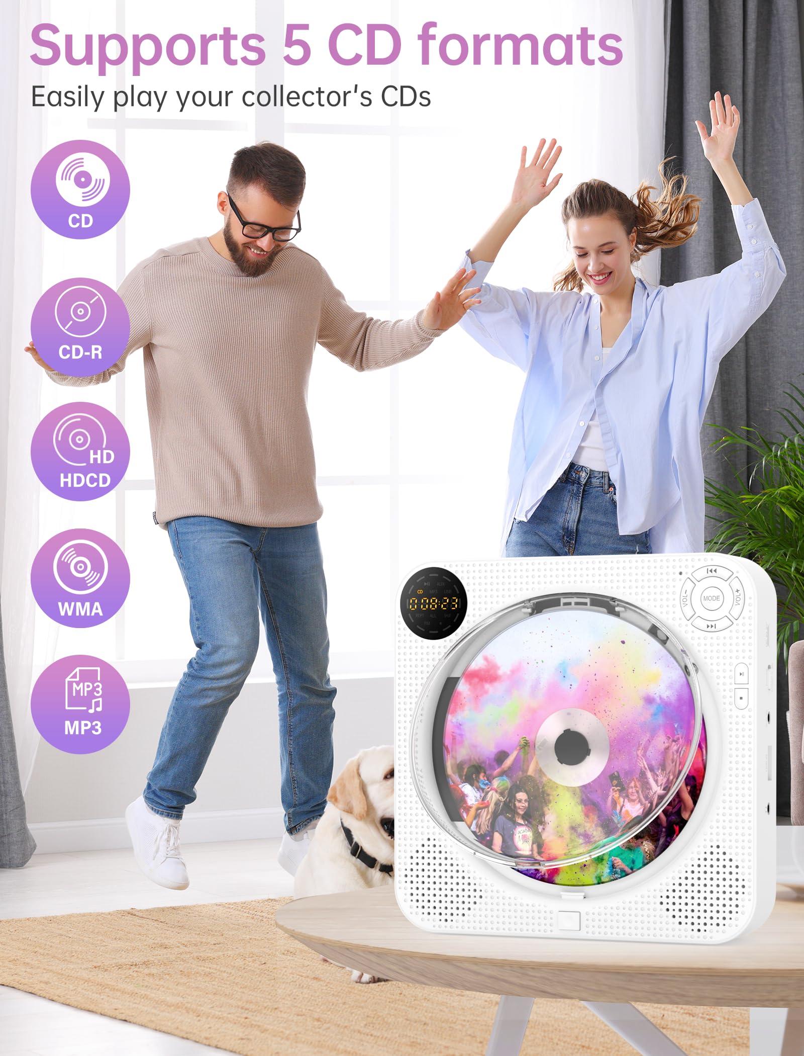 Desobry CD Player Portable, Bluetooth CD Player with Speakers DESOBRY Small CD Player for Home with Remote Control FM Radio Digital Screen Headphone Jack, Wall CD Player Support AUX in Cable&USB, White