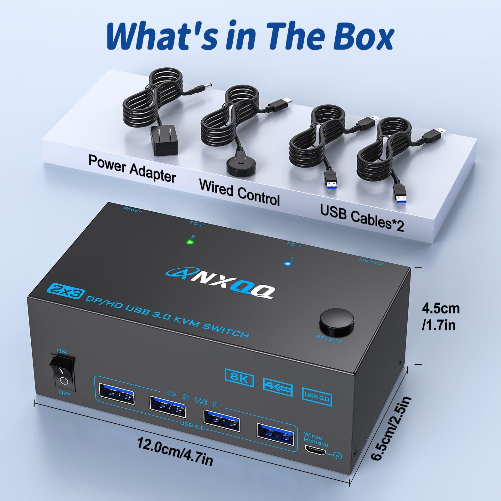 ANXQQ HDMI + 2 Displayport KVM Switch 3 Monitors 2 Computers, ANXQQ 8K@60Hz 4K@144Hz Triple Monitor KVM, Monitor Switch for 2 Computers 3 Monitors with 4 USB 3.0 Ports, Wired Remote and Power Adapter