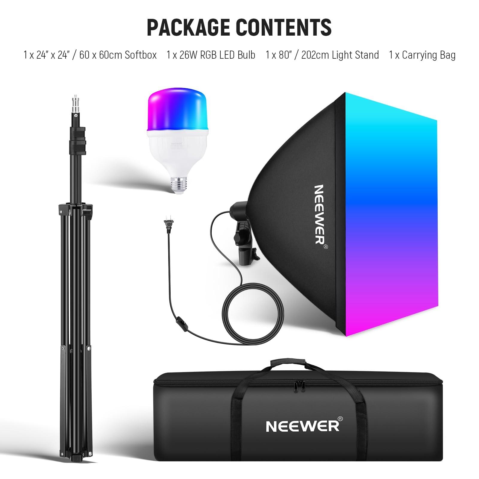 NEEWER NEEWER RGB Softbox Lighting Kit with App Control & 9 Effect Modes, 26W LED Bulb CRI93+ TLCI98+, E26 Porcelain Socket, 24" Softbox, for Studio Photography Lighting, NK800